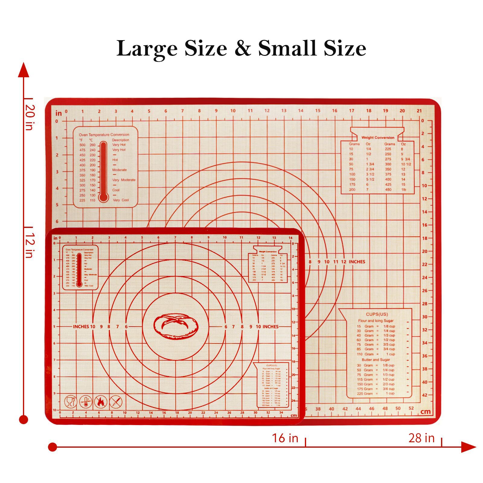 Silicone Baking Mat,28in×20in & 16in×12in Pastry Mat,Measuring Non-Slip Dough mat Mats for Baking,Kneading Dough,Table Mats Red (2Pack)