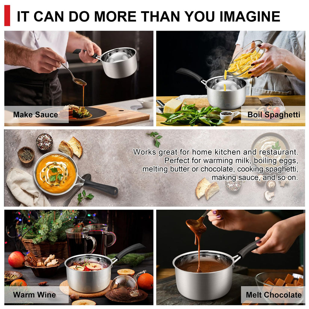 1 Quart 18/10 Stainless Steel Saucepan, Joyfair Small Sauce Pot with Lid for Multipurpose, Cooking Spaghetti, Warming Milk, Boiling Soup, Extra Pan Wall & Heat-Proof Bakelite Handle, Dishwasher Safe