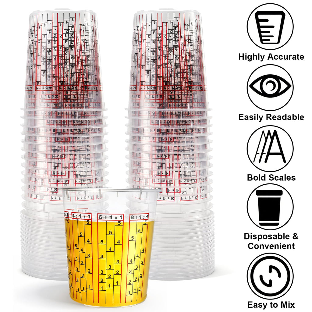 Yesland 30 Pack Paint Mix Cups with Lids, 32 Ounce Plastic Paint and Epoxy Mixing Cups with Calibrated Mixing Ratios on Side of Cup