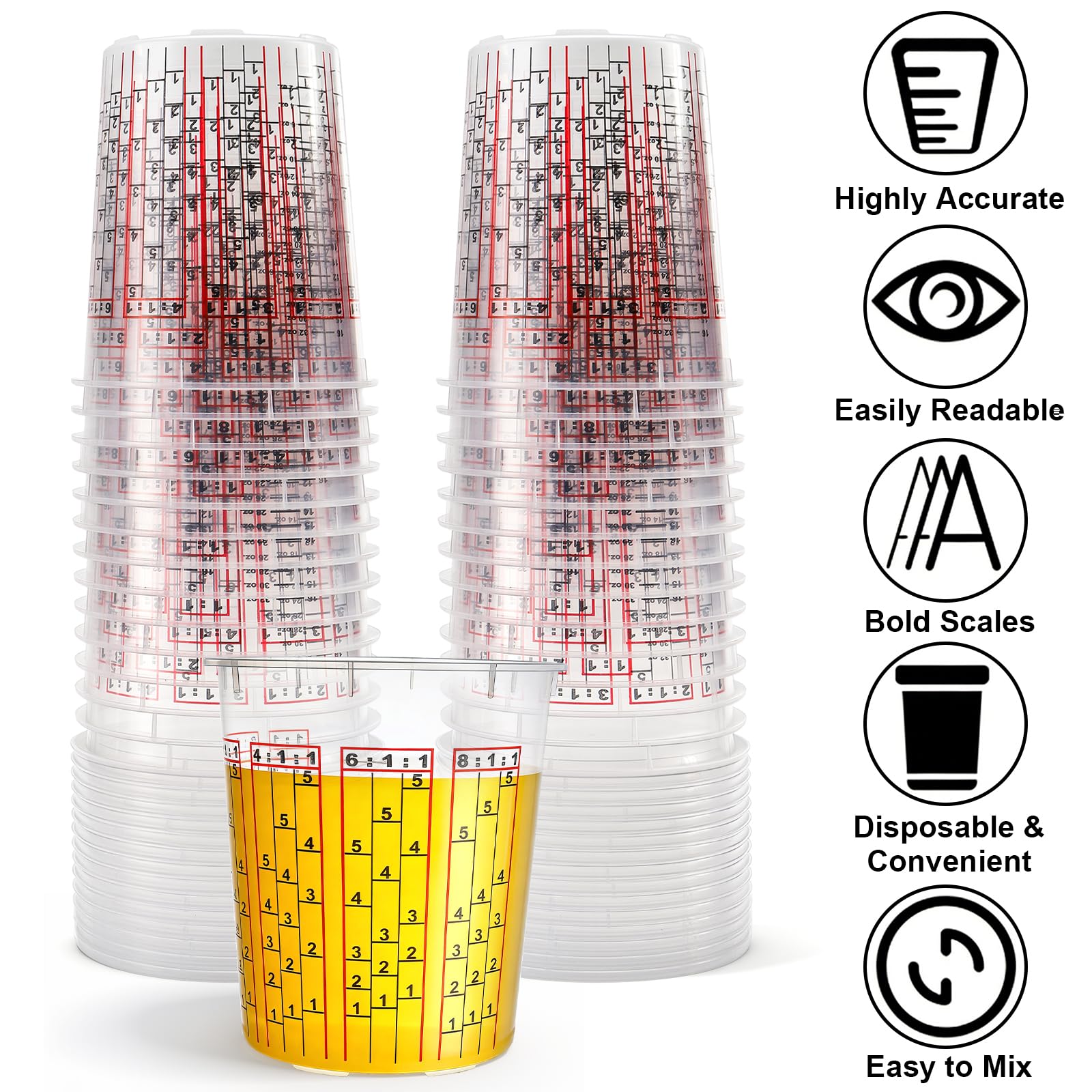 Yesland 30 Pack Paint Mix Cups with Lids, 32 Ounce Plastic Paint and Epoxy Mixing Cups with Calibrated Mixing Ratios on Side of Cup