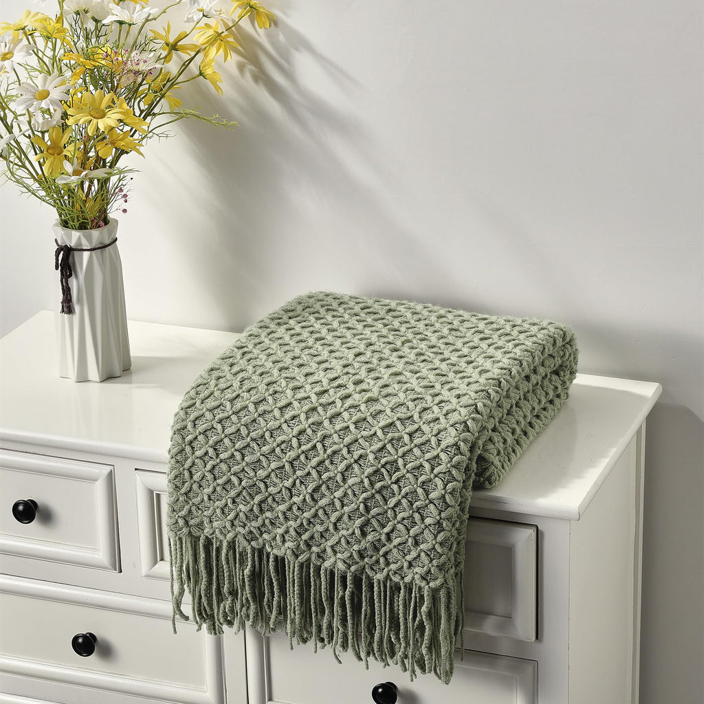 CREVENT Farmhouse Boho Knitted Throw Blanket for Couch Sofa Chair Bed Home Decoration, Soft Warm Cozy Light Weight for Spring Summer Fall (127cmX152cm Sage Green)