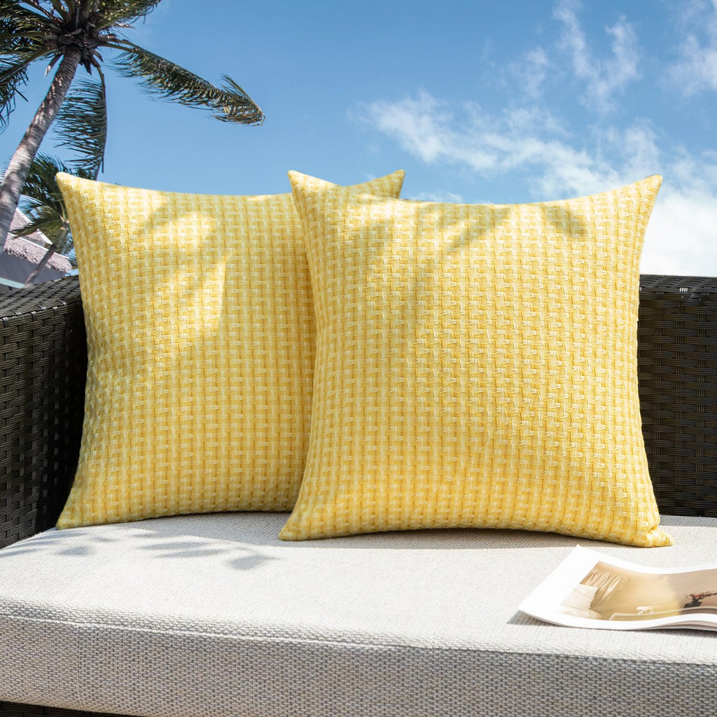 Kevin Textile Outdoor Waterproof Throw Pillow Covers Pack of 2 Weaving Texture Water Resistant Outside Decorative Cushion Covers for Garden Patio Tent Balcony Bench Couch Sofa 16x16 Inch, Yellow