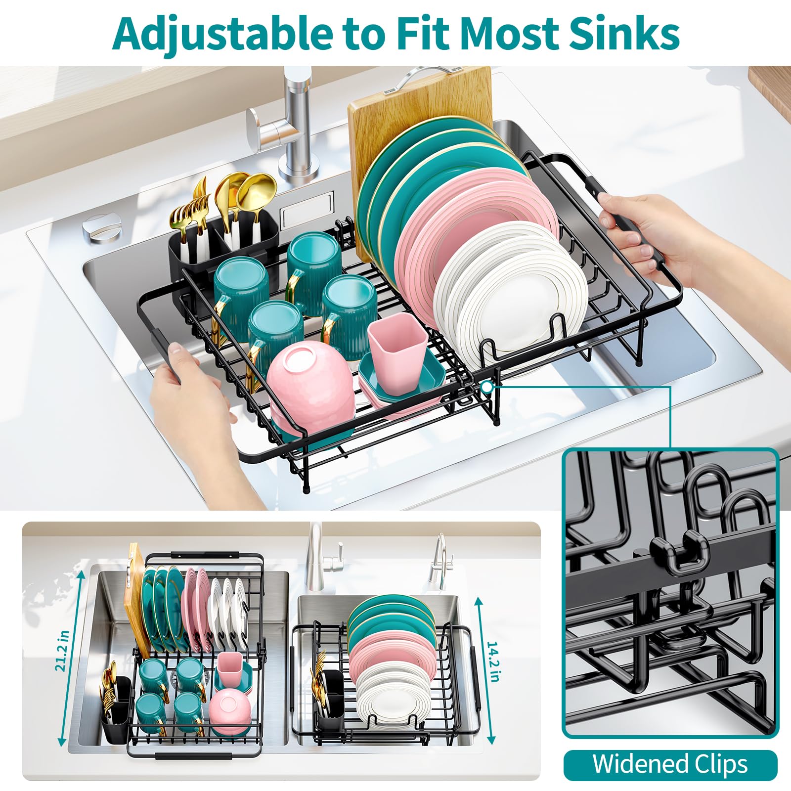 Urackify Expandable Dish Drying Rack Over The Sink, Adjustable Dish Rack in Sink, Rustproof Dish Drainer for Kitchen Counter, Dish Strainer with Utensil Holder