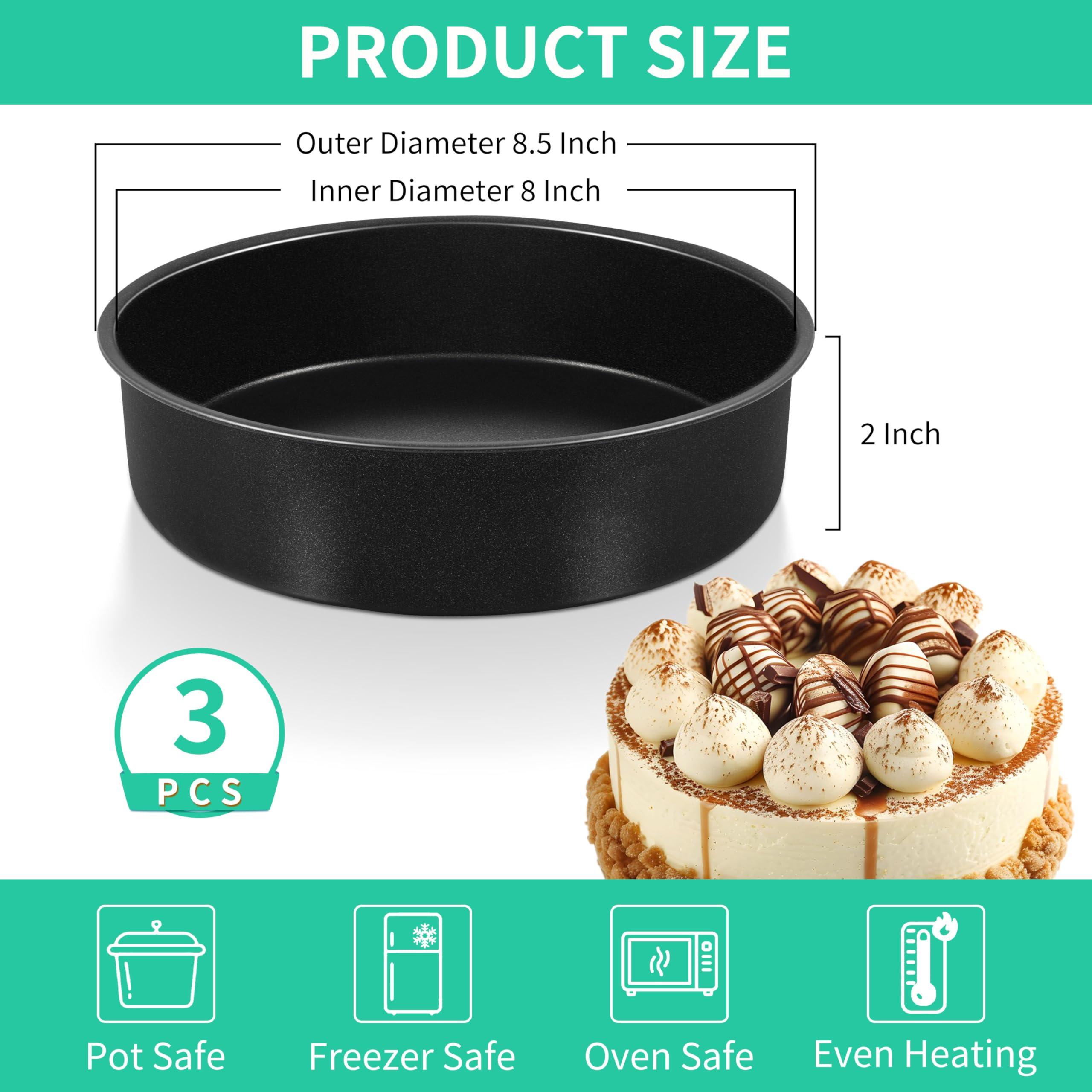 8 Inch Round Cake Pan Set, P&P CHEF 3 Piece Non-Stick Cake Baking Pans for Birthday Wedding Layer Cakes, Stainless Steel Core & One-Piece Design, Sturdy & Healthy, Black