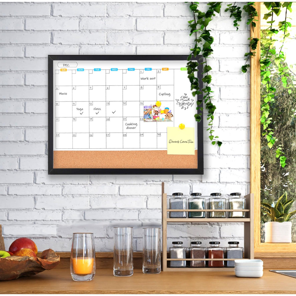 Marribol Monthly Whiteboard Calendar with Cork Board for Wall, 17"x13",Magnetic Dry Erase Board with Black Wood Framed,2-1 Wall Planner Whiteboard,Bulletin Board with Pins for Home,School,Office