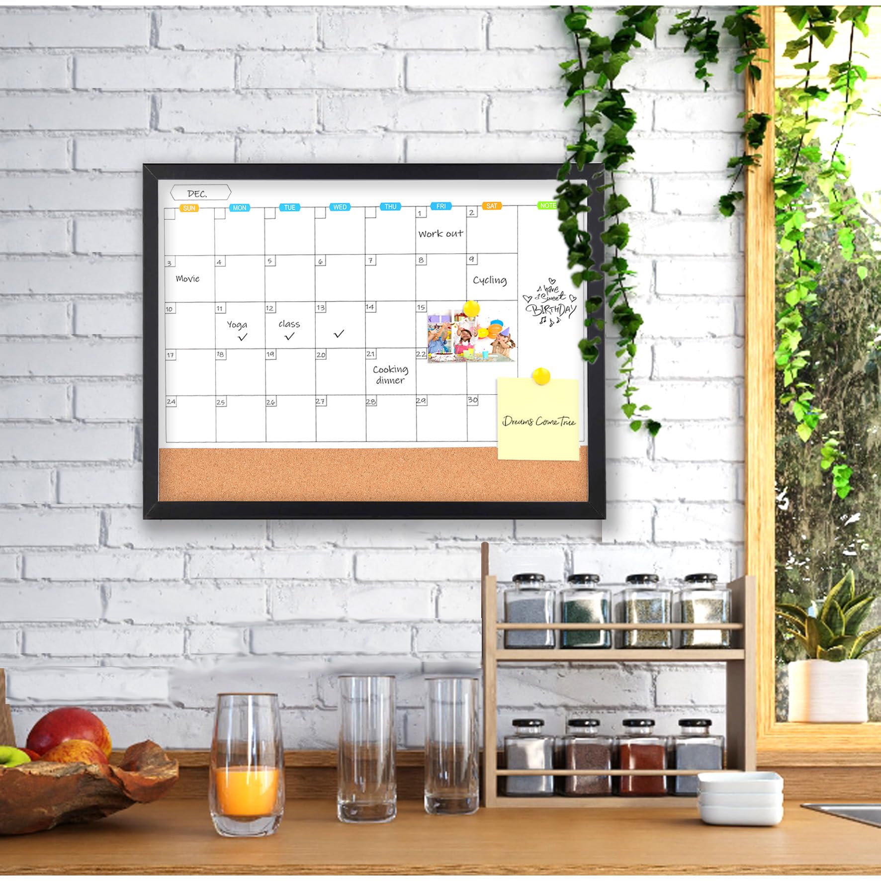 Marribol Monthly Whiteboard Calendar with Cork Board for Wall, 17"x13",Magnetic Dry Erase Board with Black Wood Framed,2-1 Wall Planner Whiteboard,Bulletin Board with Pins for Home,School,Office