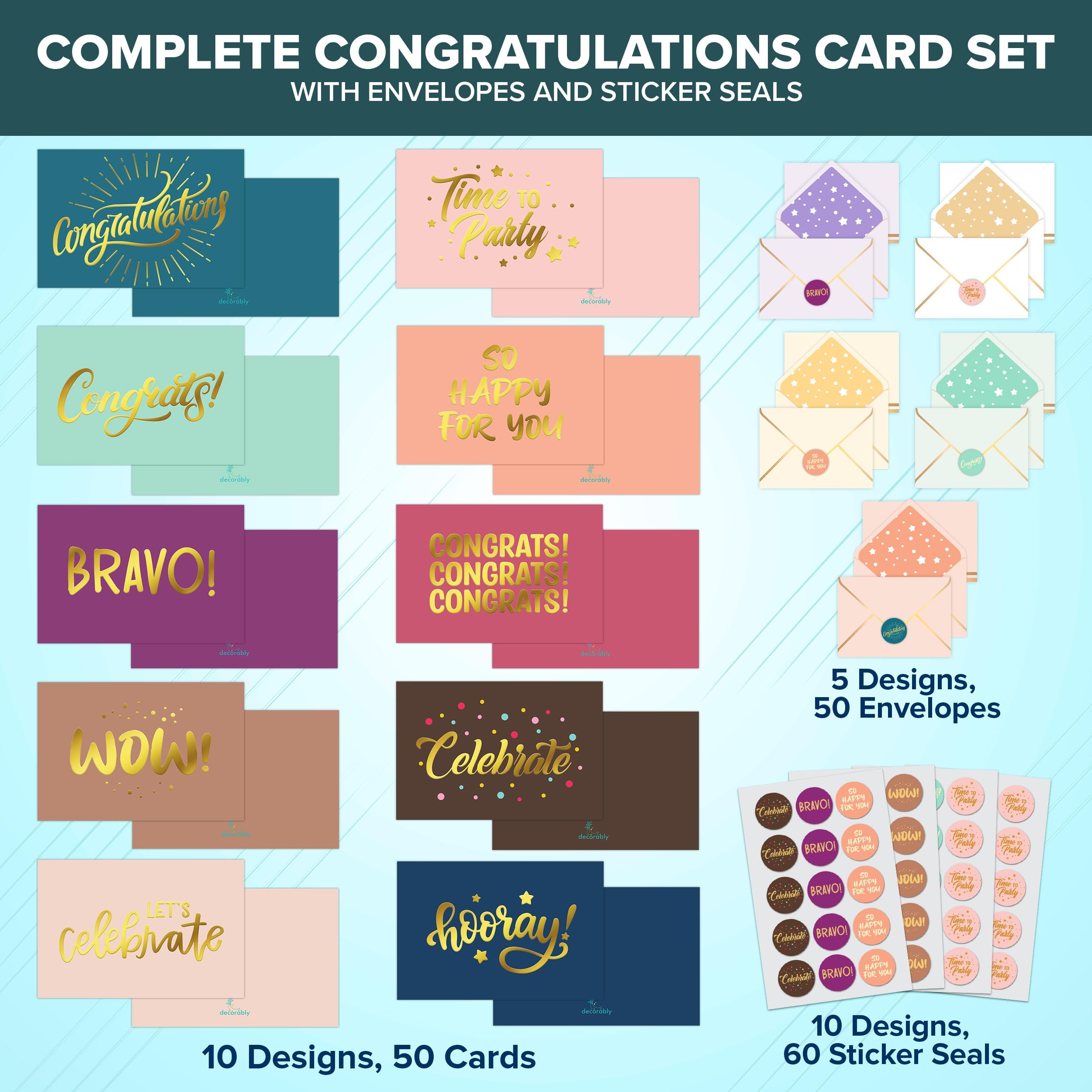 Decorably 50 Pack Gold-Foiled 6x4in Congratulations Greeting Cards with Envelopes and Stickers, 10 Elegant Designs Pack of Congrats Cards, Blank Inside - Graduation, Engagement, Wedding