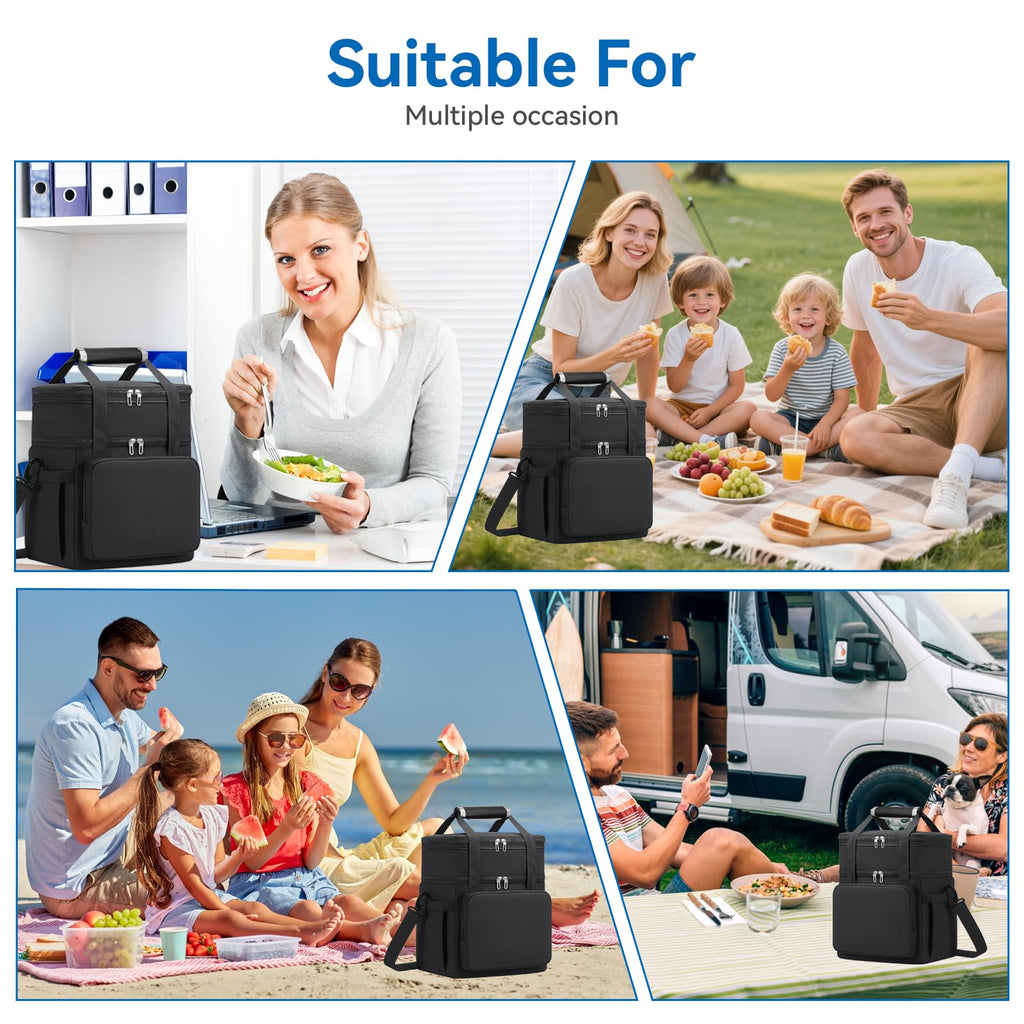 LRCXL Expandable Lunch Bag for Men, Double Deck Large Insulated Lunch Box with Shoulder Strap, Leakproof Durable Cooler Bag for Work Outdoor Construction Picnic