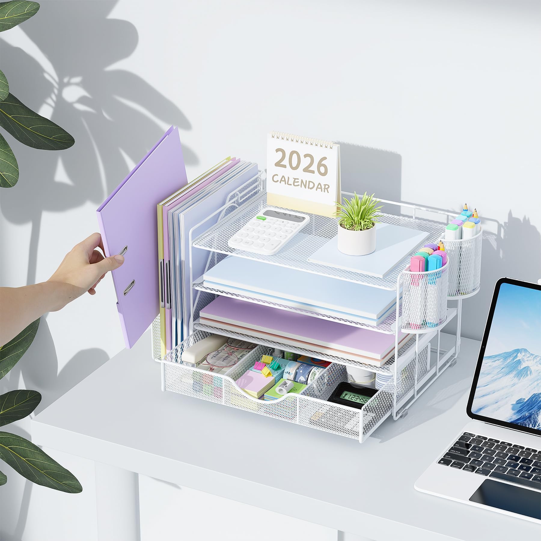 Desk Organizer with File Holder, 4-Tier Paper Tray with Drawer and 2 Pen Holders, Mesh Office Desk Accessories with Magazine File Holder, Desk Tidy for Office Supplies (White)