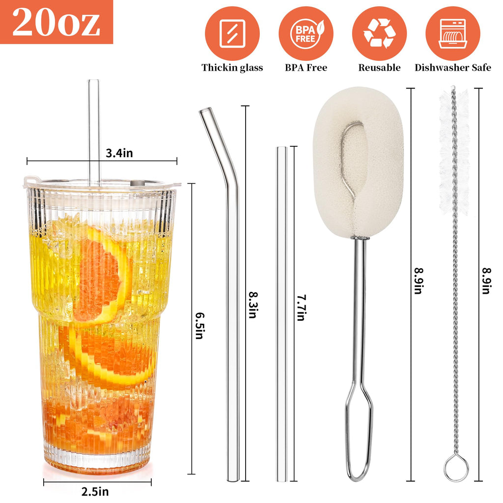 AMYOOLE 20 oz Ribbed Glass Tumblers with Lids and Straws,Clear Drinking Glasses Set of 4,Reusable Vintage Iced Coffee Cups,Leak Proof Thick Glass Cups for Juice,Cocktail,Smoothie,Beer,Boba