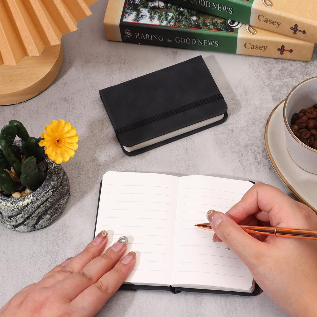 10 Pcs Leather Pocket Notebook A7 Note Book Pocket Hardcover Notepad 3 x 4 Inch Mini Notepad Tiny Lined Journal Notebook With Elastic Band 200 Pages for Office Home School Writing Supplies (Black)
