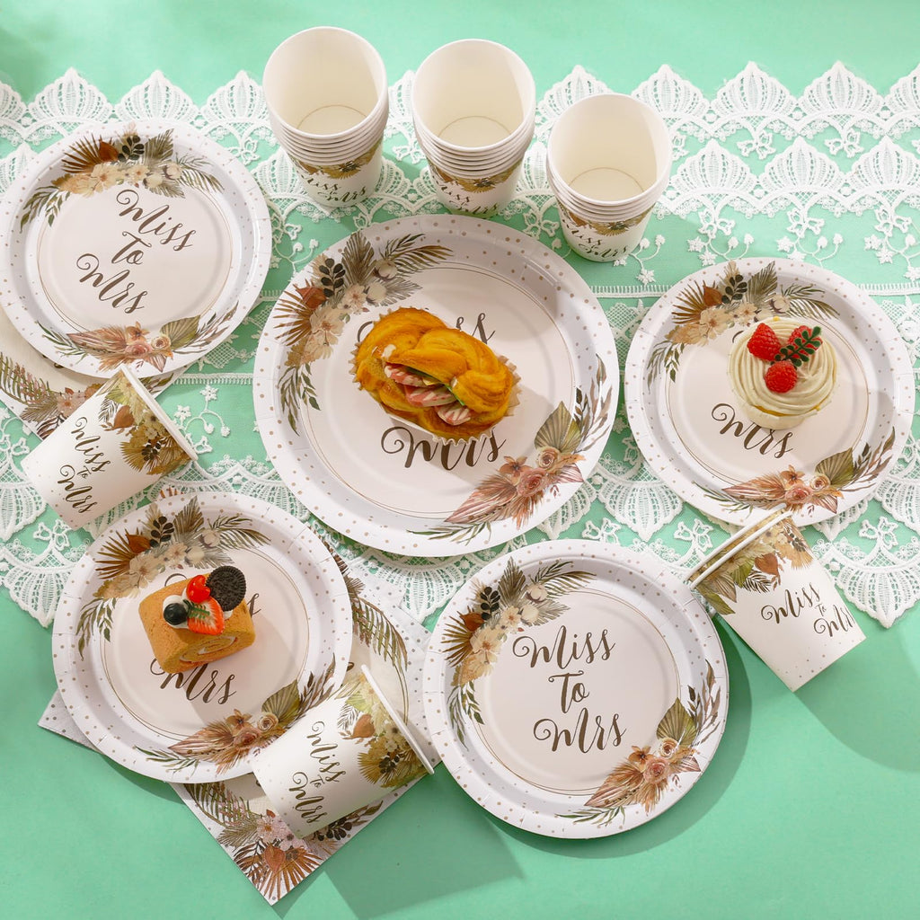 Gudvilla Boho Bridal Shower Decorations, 168Pcs Bridal Shower Plates and Napkins Sets Serve 24, Miss to Mrs, Love is In Bloom, Love is Brewing, Bride To Be, Bachelorette, Fall in Love Wedding Shower