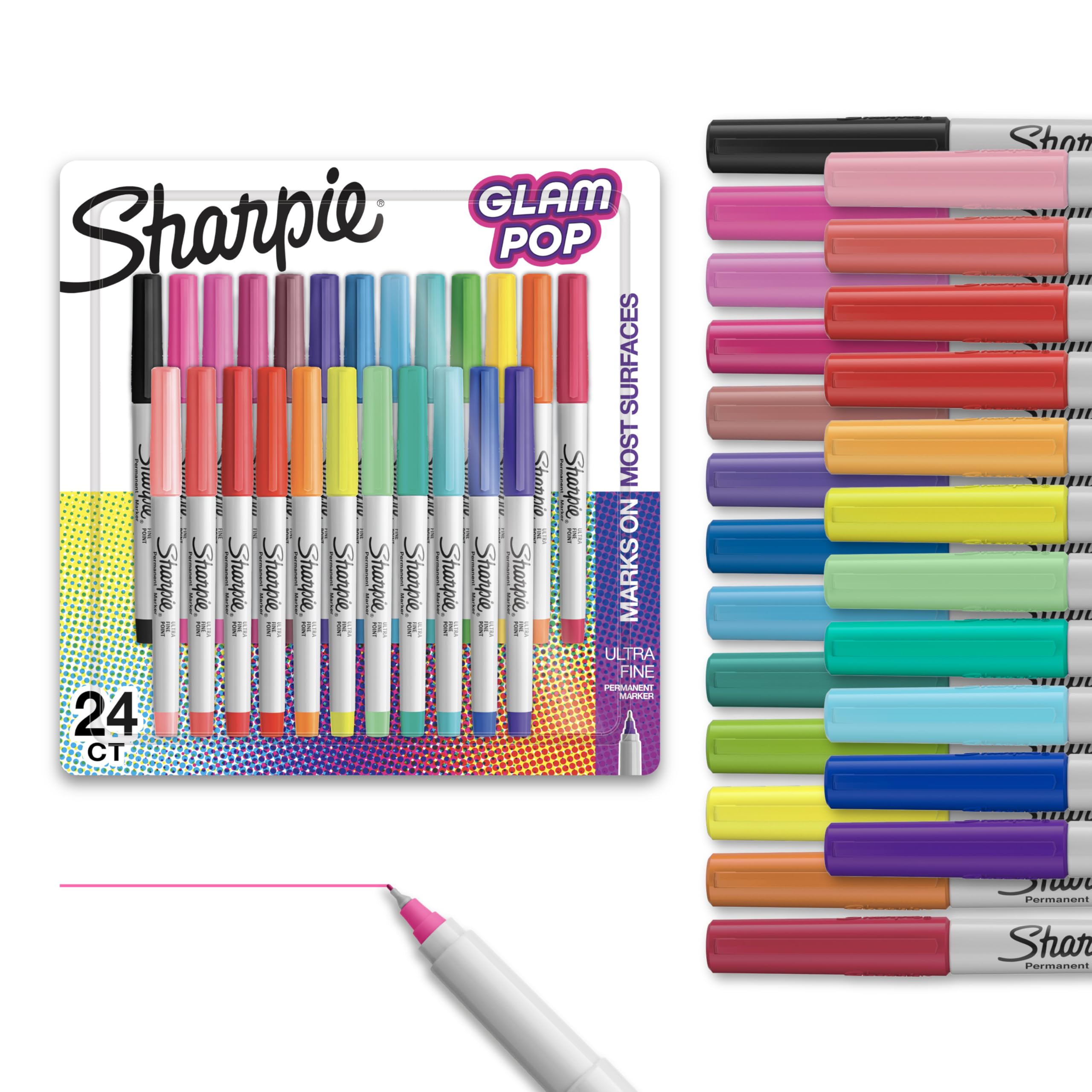 Sharpie Glam Pop Permanent Markers, Ultra Fine Point, Assorted Colours, 24 Count