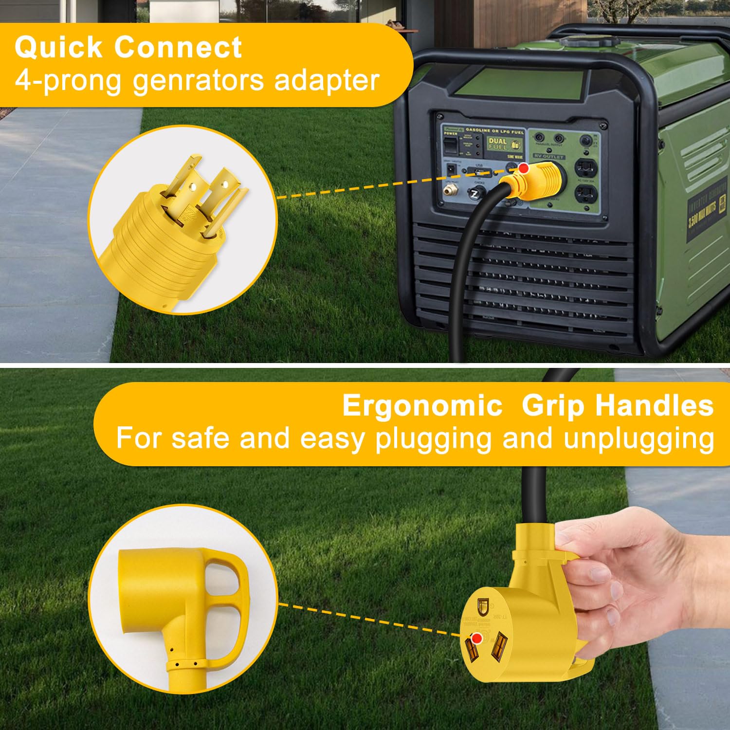 LudoPam 4 Prong 30 Amp RV Generator Adapter Cord with Grip Handle, NEMA L14-30P Twist Lock Male Plug to TT-30R Female Up to 7500W SJTW 10/3 Generator Cord for Generator to RV Trailer Camper,12 Inch