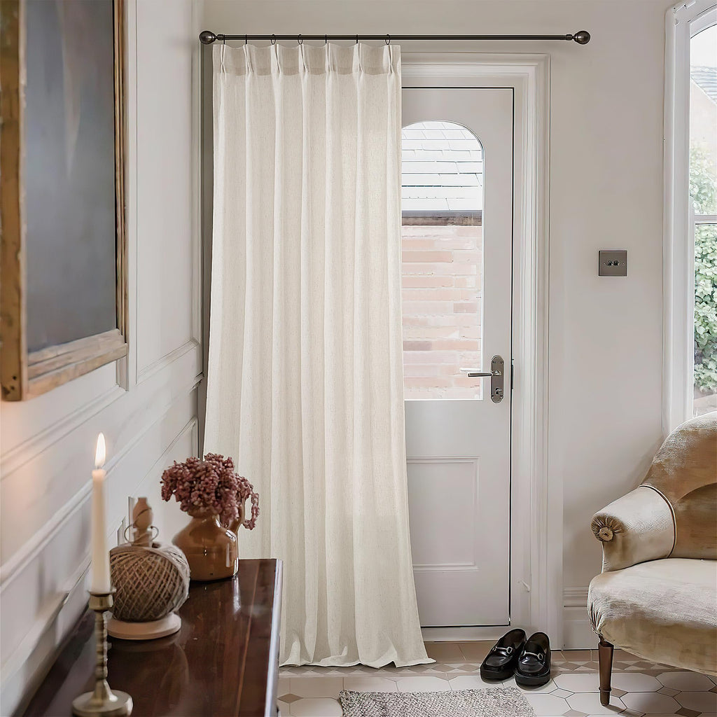 Natural Pinch Pleated Linen Curtains 96 Inches Long for Living Room Pleat Drapes Hooks Rings Back Tab Neutral Cream Ivory Semi Sheer Pleated Curtain 96 Inch Length for Bedroom Dining Office 1 Panel