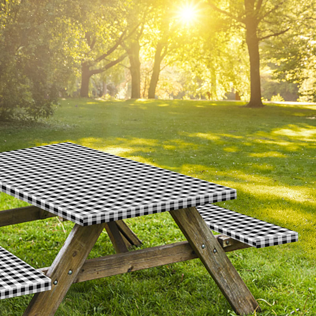 KENOBEE 6ft Picnic Table and Bench Cover, Camping Essentials RV Gear, 72in Waterproof Windproof Outdoor Elastic All Around Tablecloth, Fitted Rectangle Tables and Seats, Black-White Checkered