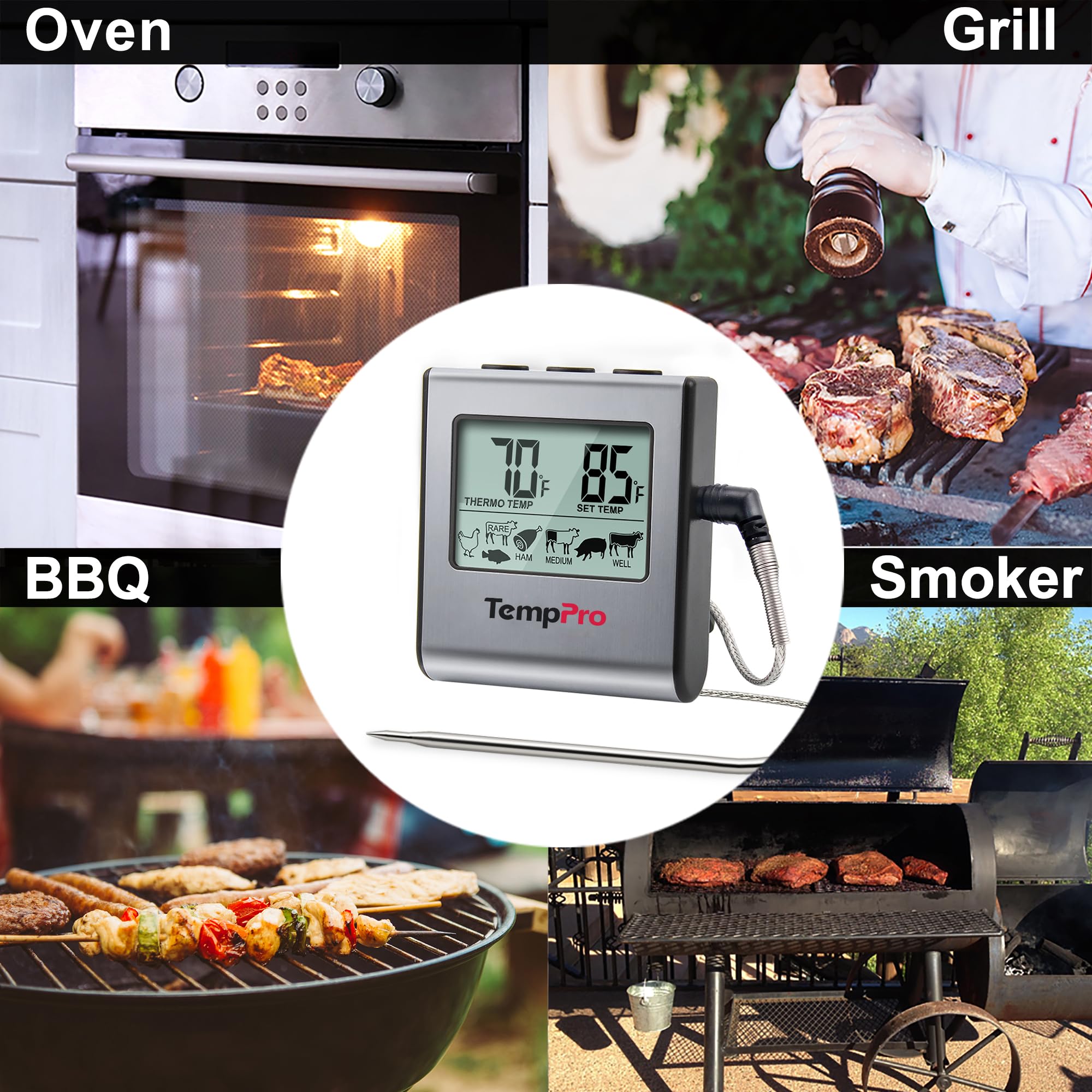 ThermoPro TP-16 Meat Thermometer with Stainless Steel Probe for Indoor Outdoor Use, Digital Cooking Thermometer for Grill, Barbecue, Oven, Smoker, Candy