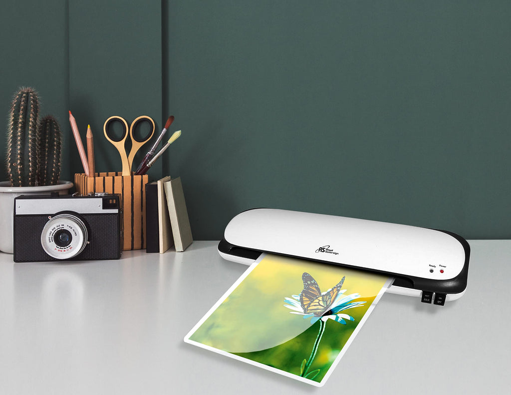 9" Thermal Pouch Laminator with 50 Assorted Pouches, 3 to 5 Mil Hot and Cold Settings, 3-5 Minute Warm-Up, and Anti-Blockage System for Home or Office Documents, Photos, and ID Cards, White