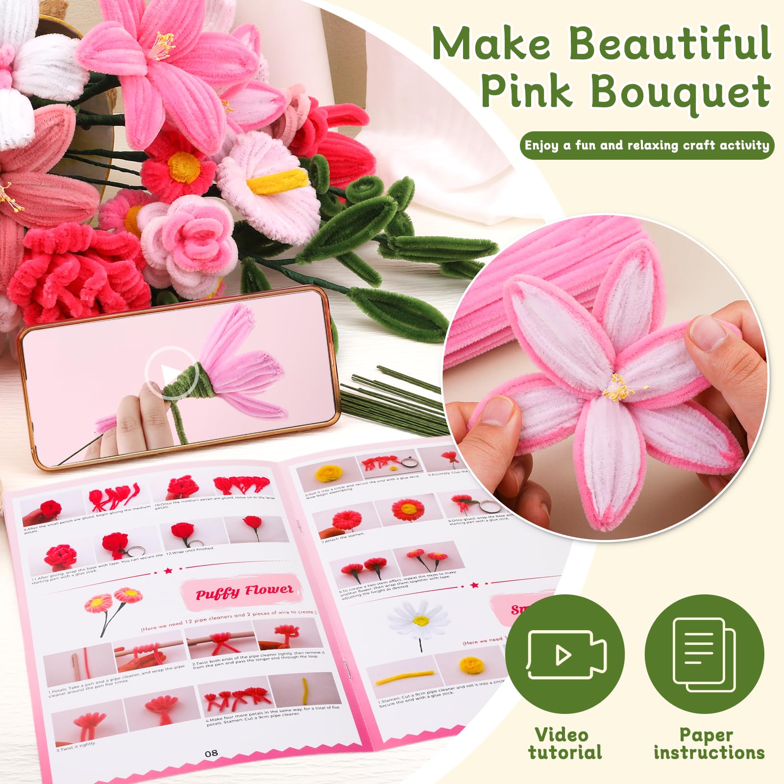 550 Pcs Pink Pipe Cleaner Flower Kit, 7 Colors Chenille Stems Pipe Cleaners Craft, Pipe Cleaner Bulk Flower Making Crafts Kit with Supplies, Instructions for Festival Home Decor