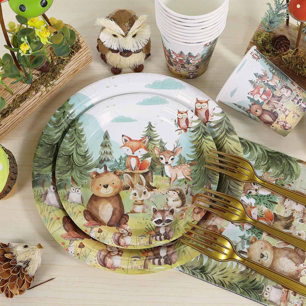 Woodland Baby Shower Decorations Plates Set 25 Guests, 125 Pcs Paper Plates Napkins Cups Cutlery Forest Animals Theme Birthday Decorations Tableware