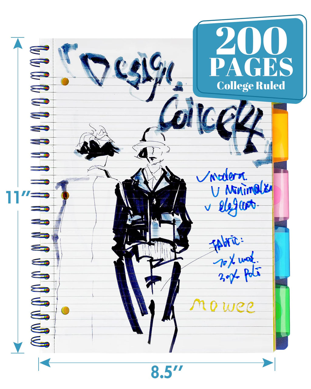 MOWEE Spiral Notebook - 5 Subject Notebook, College Ruled Notebook With Dividers Pocket, Tabs Label, 11" Ruler, 200 Pages, for Writing Journal, Home & Office, School Supplies, 8.5''x11''Black