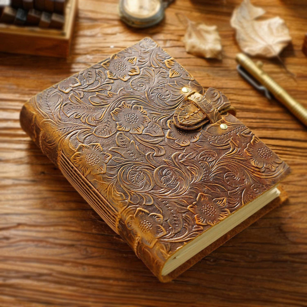 Acidea Leather Journal Notebook, 200 Sheets(400Pages) Embossed Antique Handmade Kraft Diary, Classic Premium Notepad Lined Sketchbook, Great Gift for Writer and Traveler(Vintage Brown, 7.5'' x 5.5'')