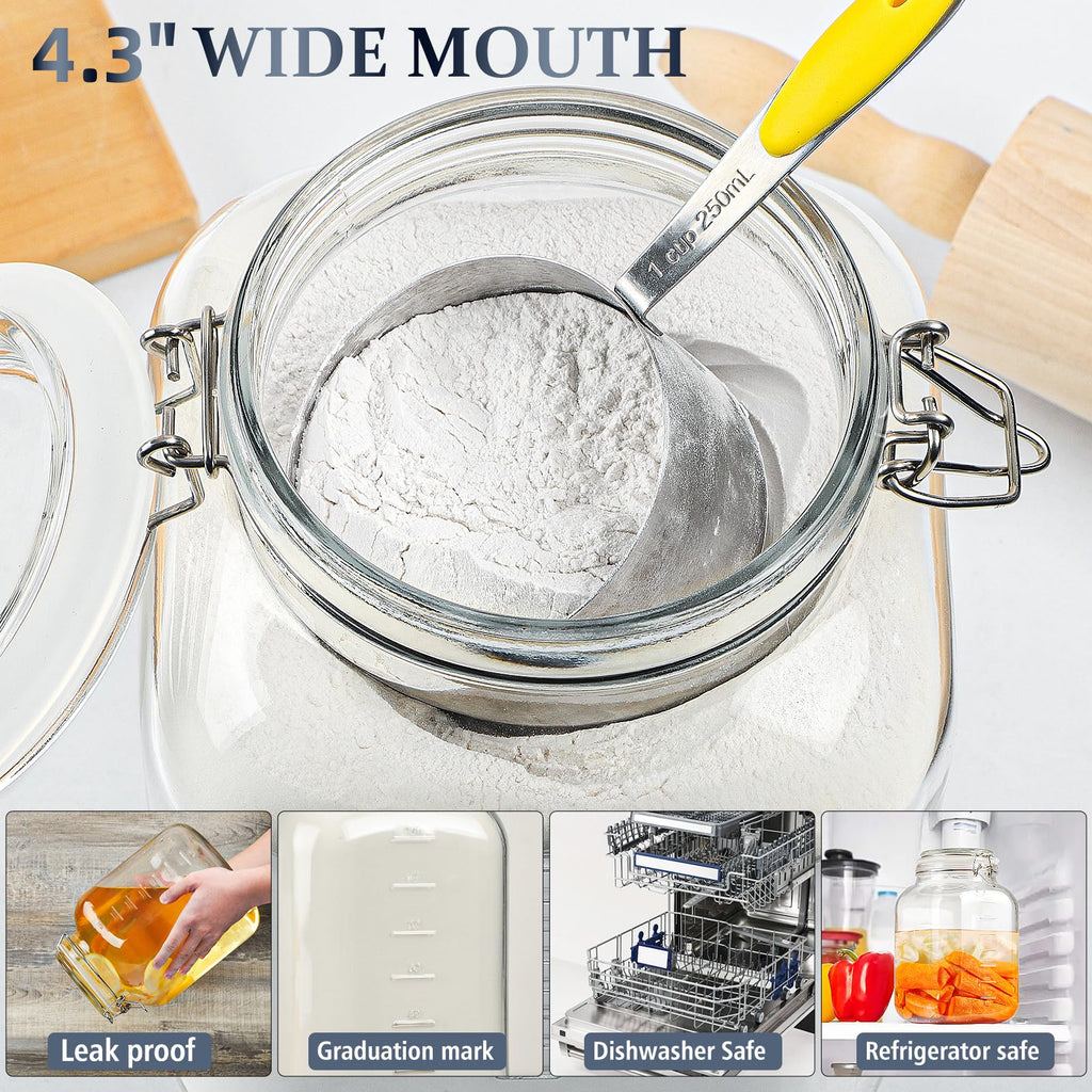 Folinstall Square Super Wide-Mouth Mason Jar with Airtight Lid, 1 Gallon（ 4100 ML） Glass Jar with 2 Measurement Marks, Sturdy Large Glass Tank with Lid For Overnight Oats, Kombucha, Pickle, Kimchi