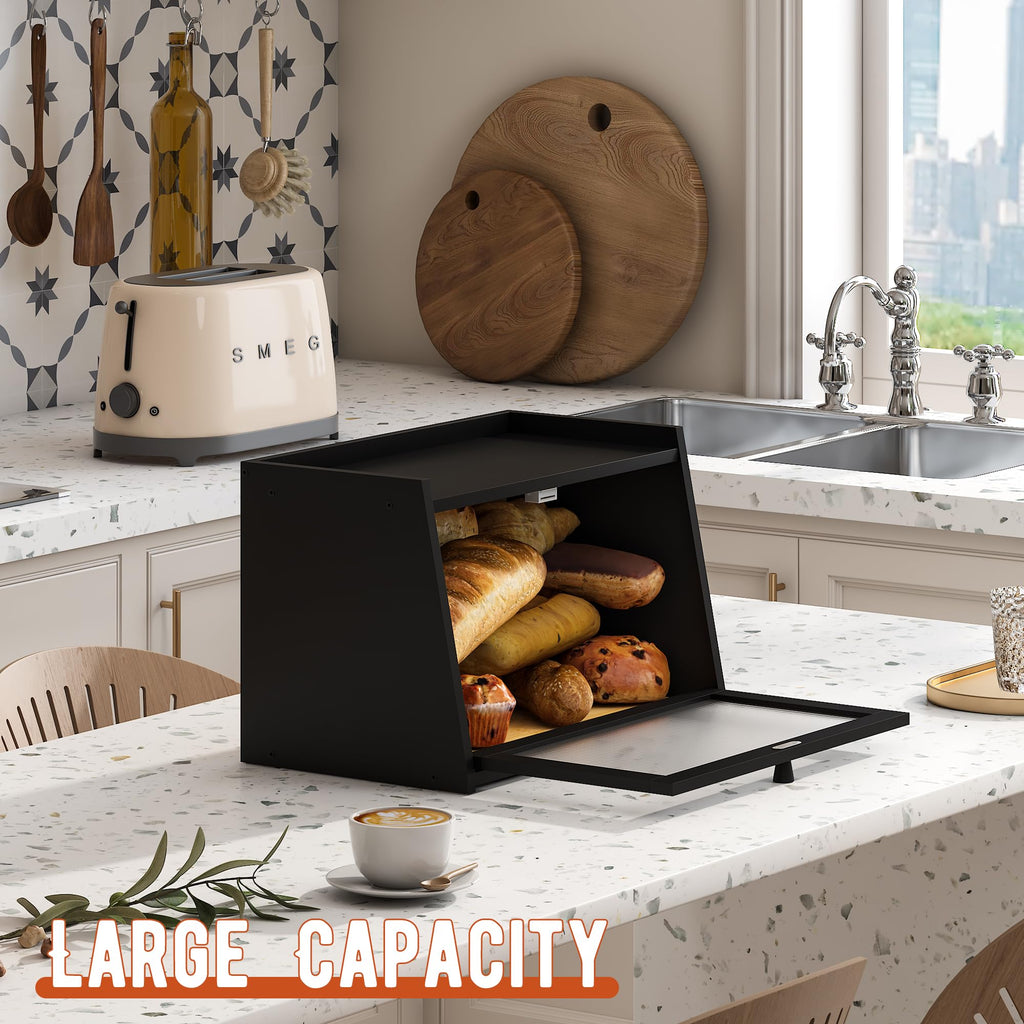 GHWIE Bread Box for Kitchen Counter, Countertop Storage Container with Window (Black)