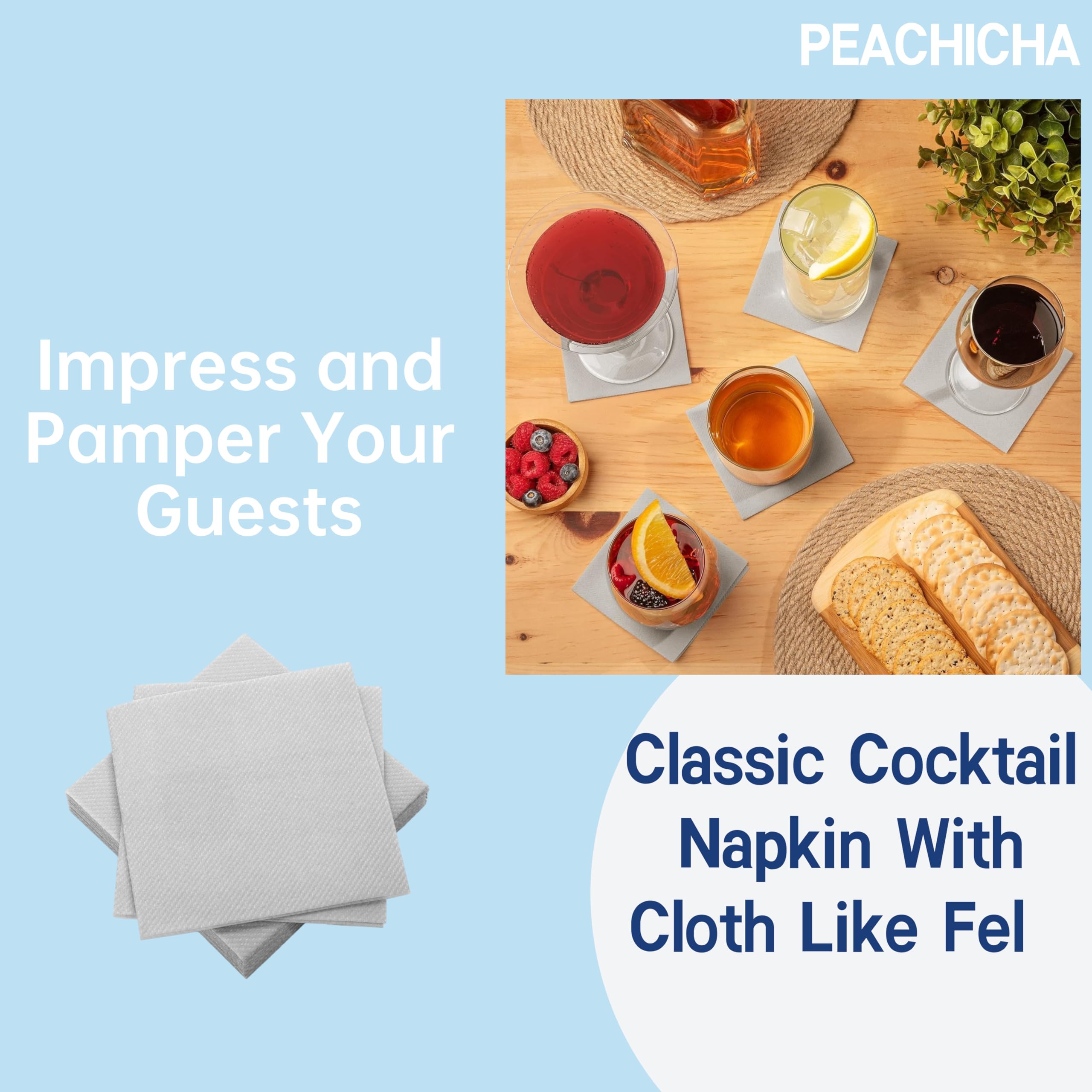 PEACHICHA Cocktail Napkin Disposable Beverage Bar Napkins Cloth-Like Paper Napkins, Linen-Feel Great for Wedding, Party,Or Everyday Use, 10X10 cm When Folded, Pack of 100, Black