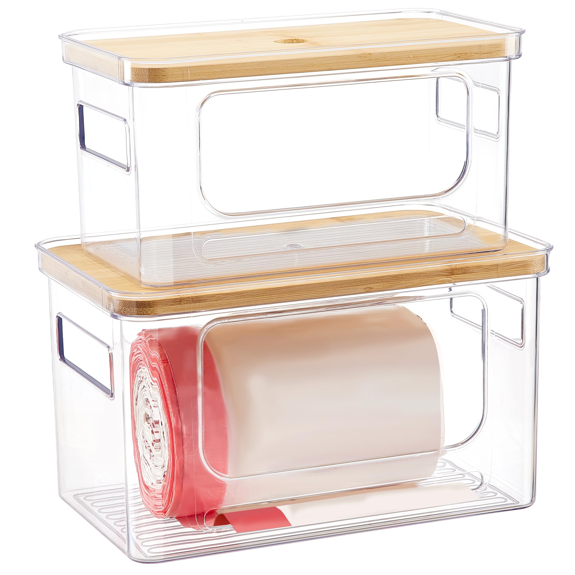 2 Pack Garbage Bag Holder with Bamboo Lid, Stackable Trash Bag Dispenser, Clear Under Sink Organizer for Kitchen, Pantry, Laundry Organization, Under-Sink