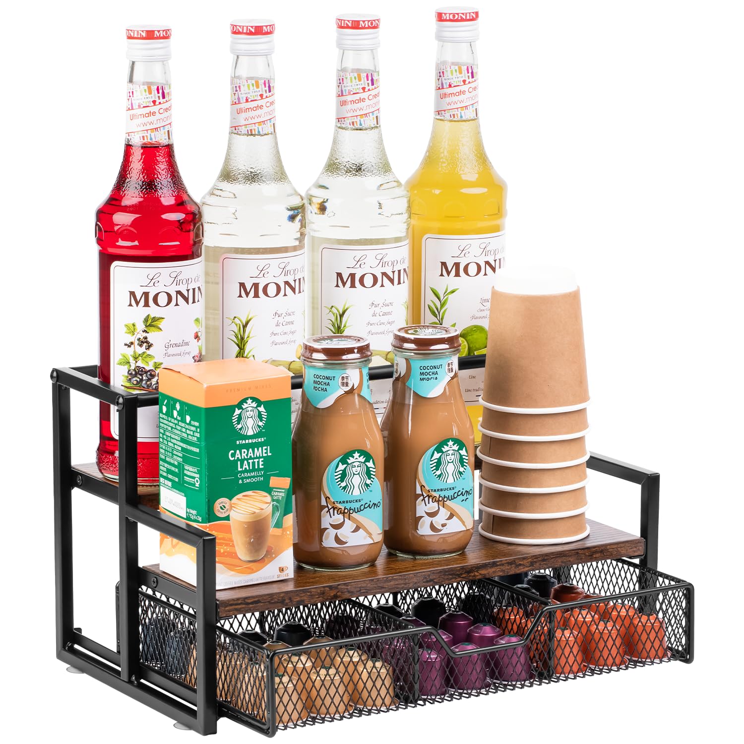 Wetheny Coffee Syrup Organizer for Coffee Bar, 3-Tier Coffee Station Organizer with K Cup Storage Basket for Countertop