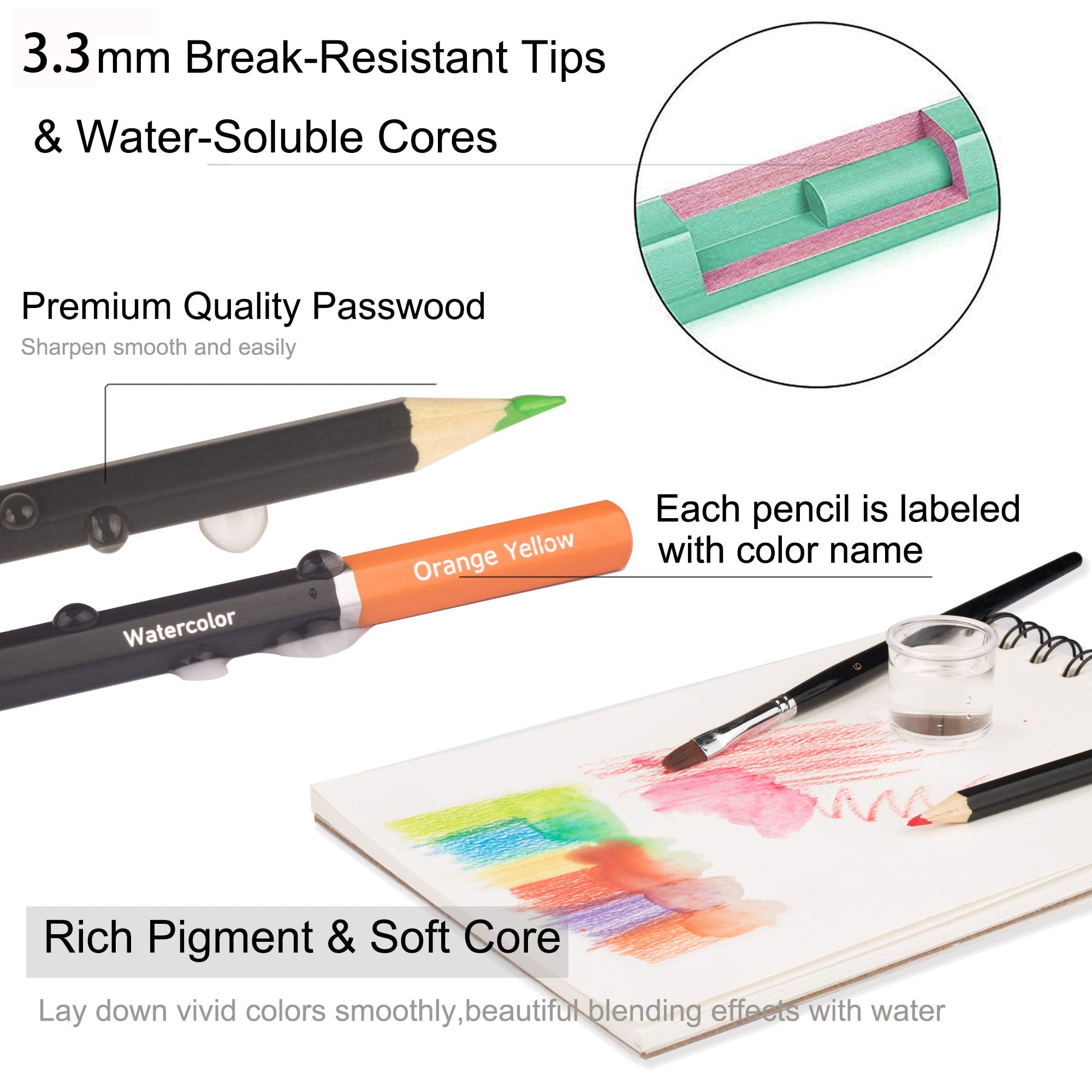 KALOUR Watercolor Pencil Crayons- Professional Set of 72 - Beautiful Blending Effects with Wet or Dry - Ideal for Coloring Book - Water Soluble Pencils for Adults Artists Beginners