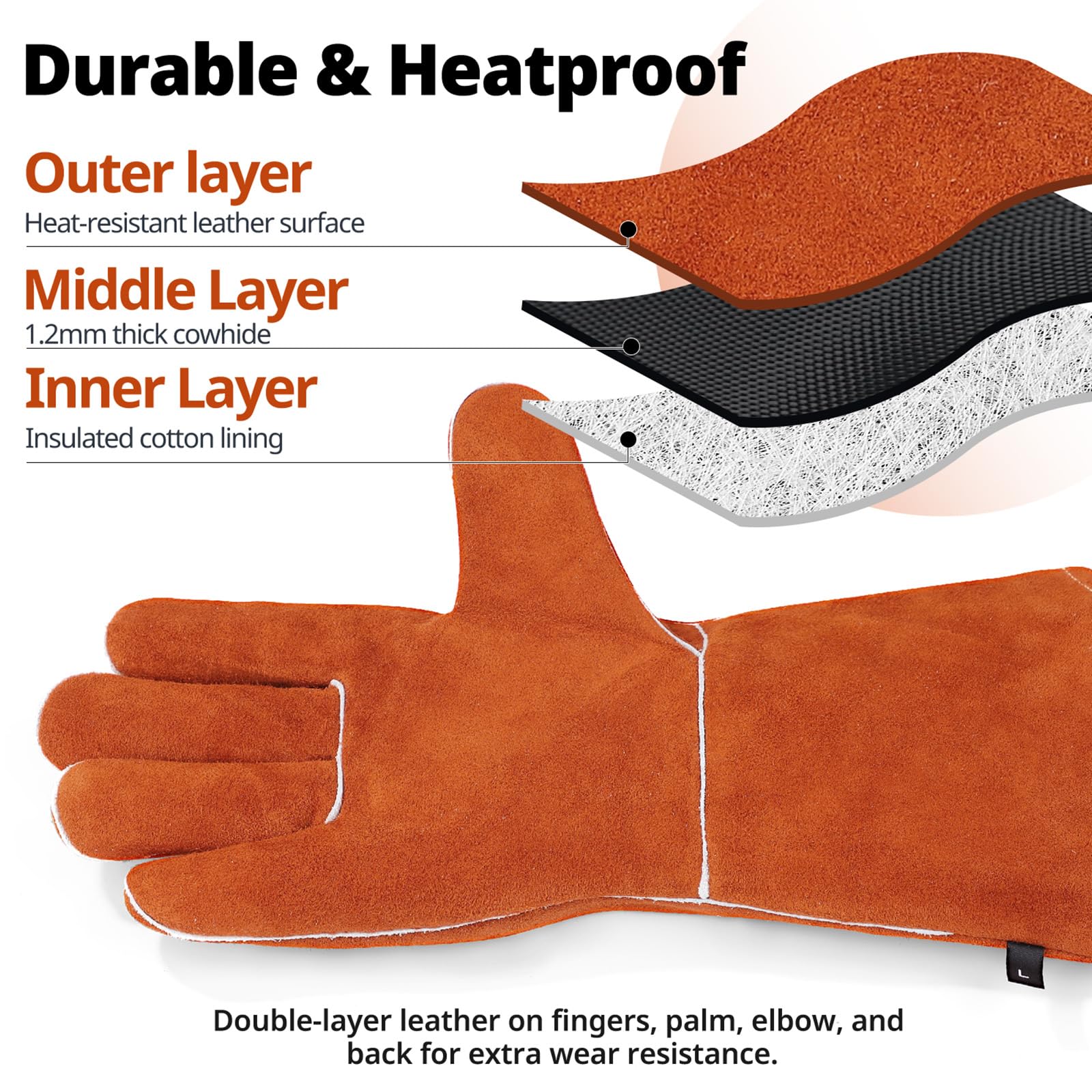 Vclpower Fireplace Gloves Fire Heat Resistant: 932°F Fireproof Leather for Fireplace Fire Pit Wood Stove Campfire Furnace BBQ Baking,Grill Oven Stick Mig Tig Welding Welder Gear for Man L 14in Brown