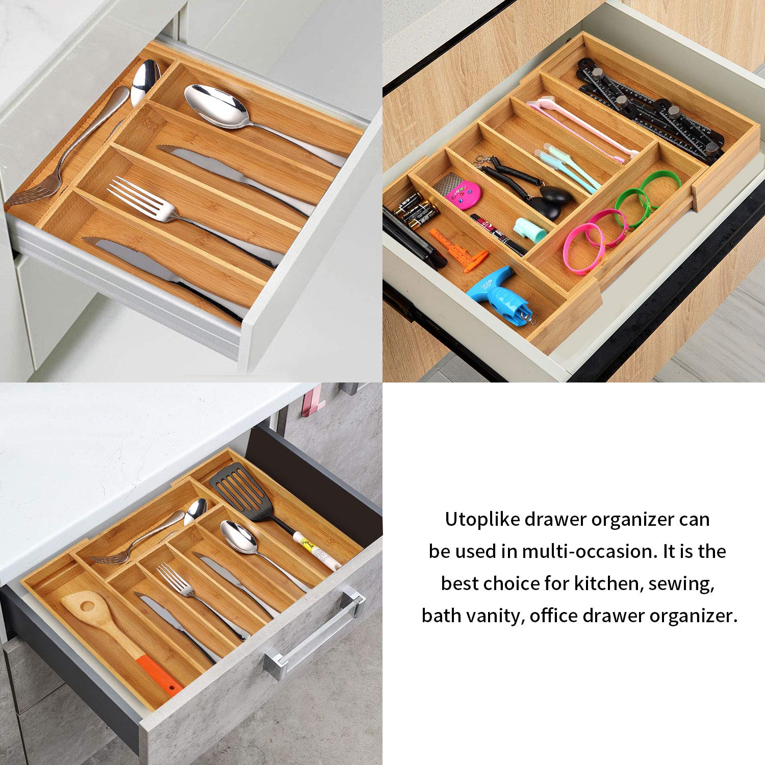 SafeHouseware Bamboo Expandable Cutlery Organizer Tray: Holds Silverware, Flatware, Utensils, Cutlery, Accessories or Gadgets Size:11.5" - 18" W X 15"d X 2" H