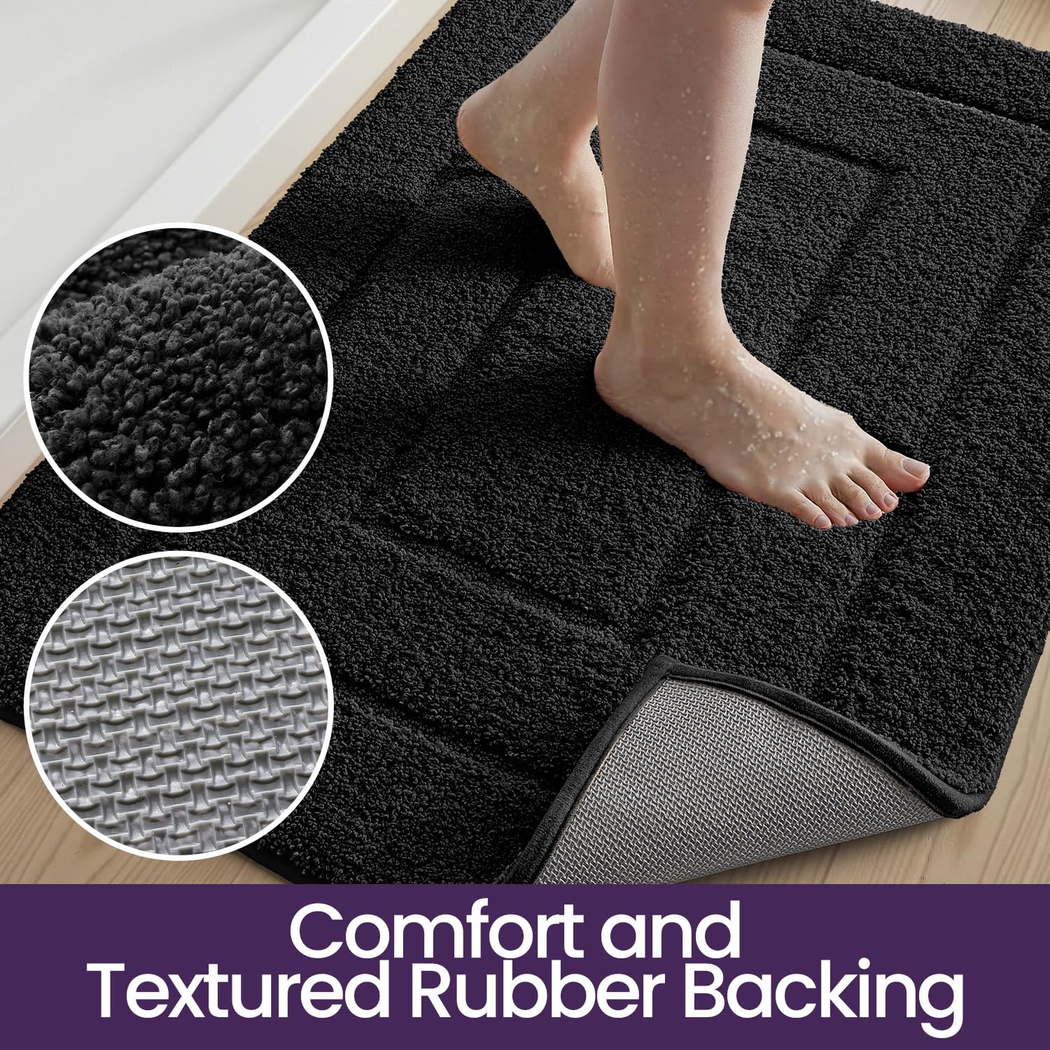 DEXI Bath Mat Non Slip, 16x24 Absorbent Microfiber Soft Bathroom Rug, Machine Washable Carpet for Shower Floor Bathmat Decor, Black