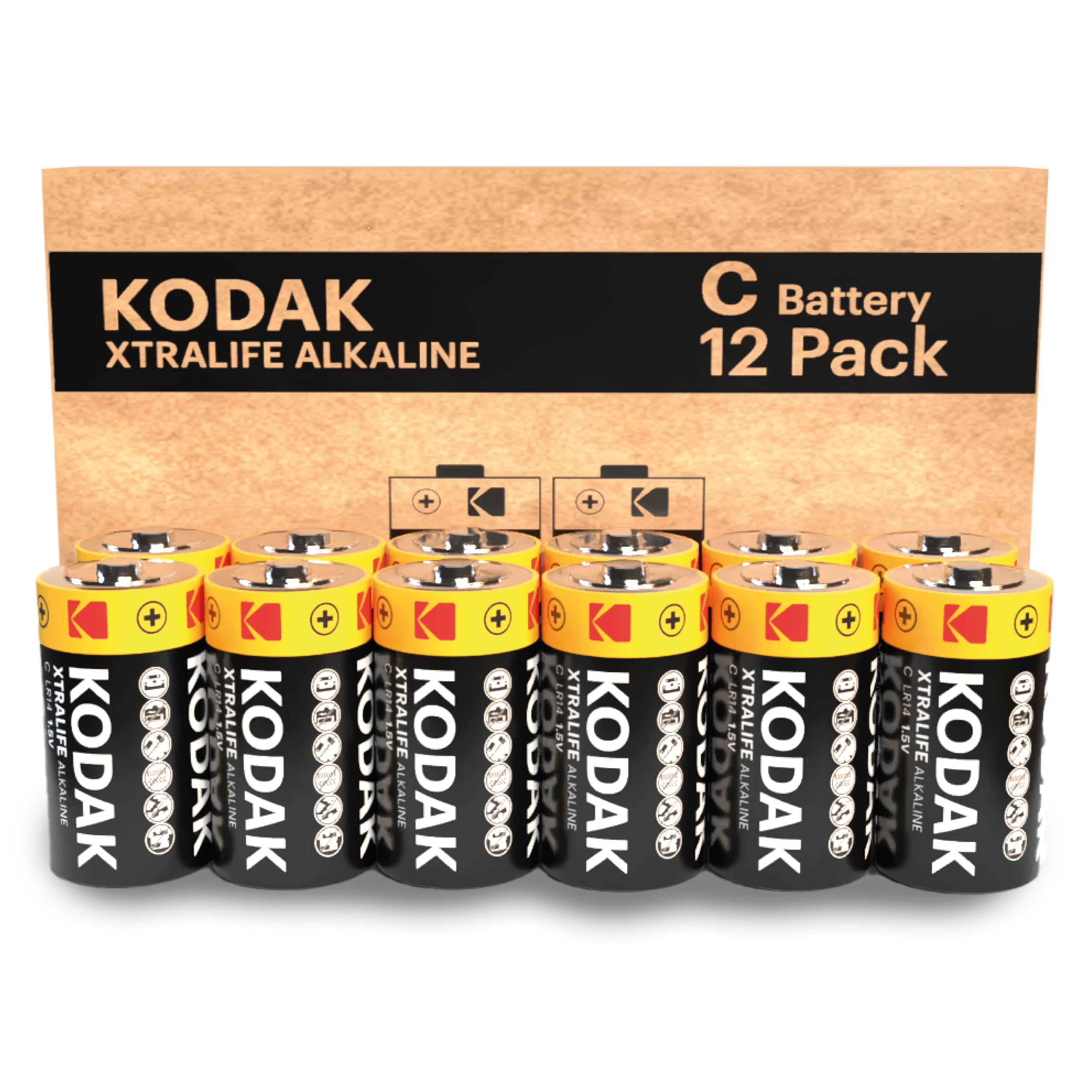 Kodak Xtralife C Batteries 12 Pack, 1.5V Alkaline, Type C Cell LR14/MN1400 Size Battery, Suitable for Flashlights, Toys & More, 10-Year Shelf Life