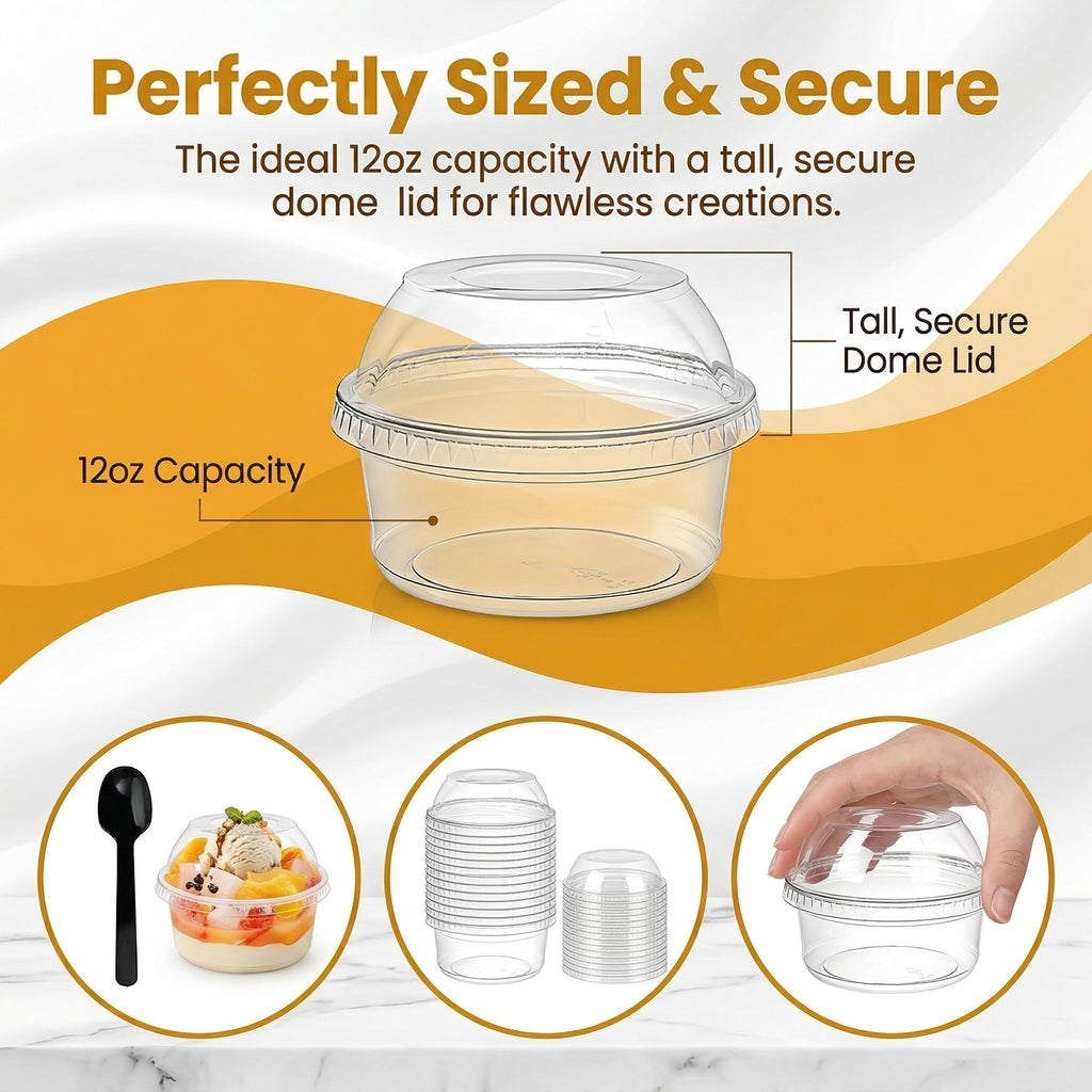 WUWEOT 50 Pack Plastic Dessert Cups, 10 oz Clear PET Dessert Bowls, Re-usable Parfait Cups with Lid (No Hole) for Ice Cream Fruit Iced Cold Drinks Dessert Yogurt Cereal Parfait Puddings Mousse