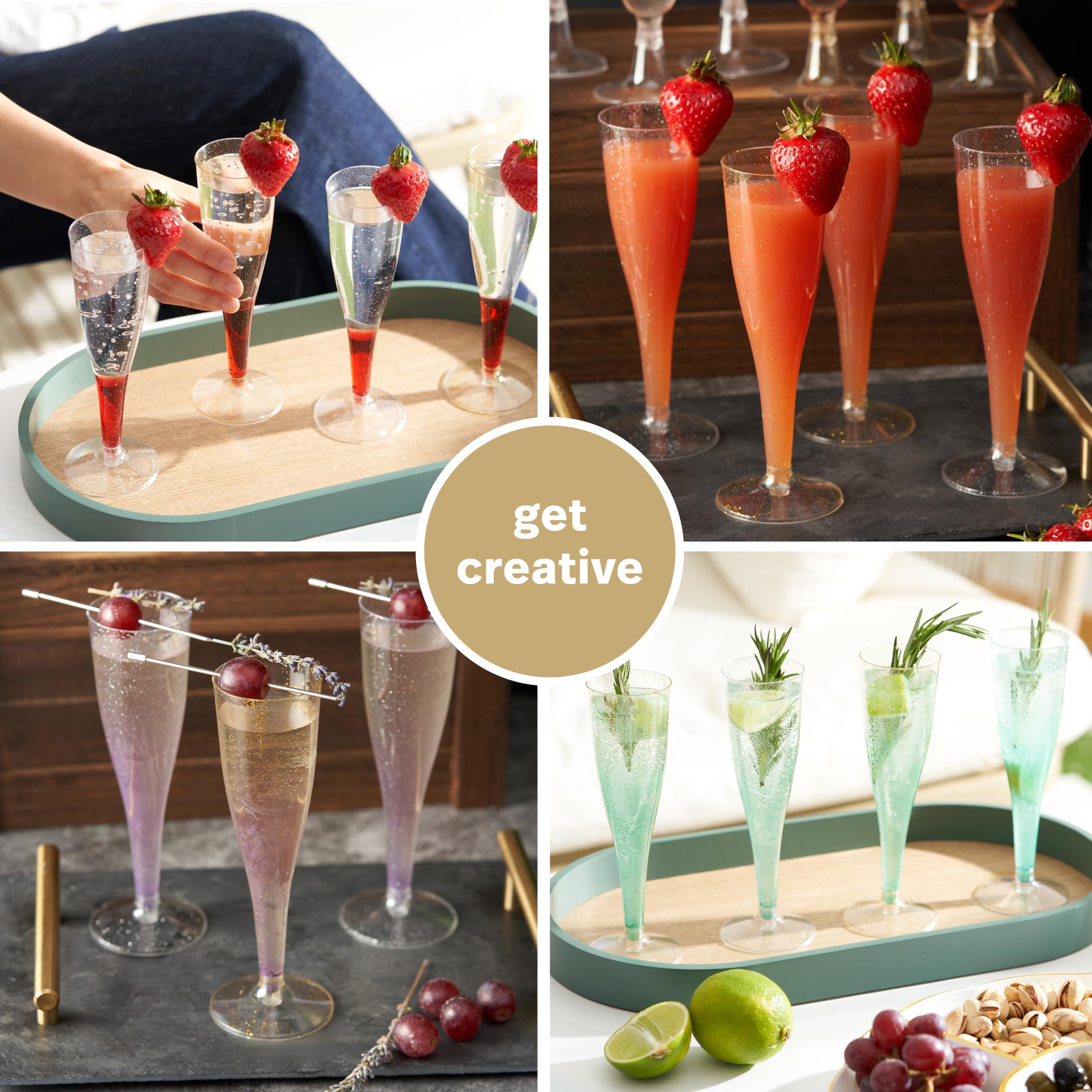 MATANA 48 Premium Plastic Champagne Flutes Gold Glitter 5 oz/ 133ml - Reusable Toasting Glasses for Cocktails, Dessert, Prosecco Mimosa Glasses for Wedding, Birthday, Event, Christmas Parties