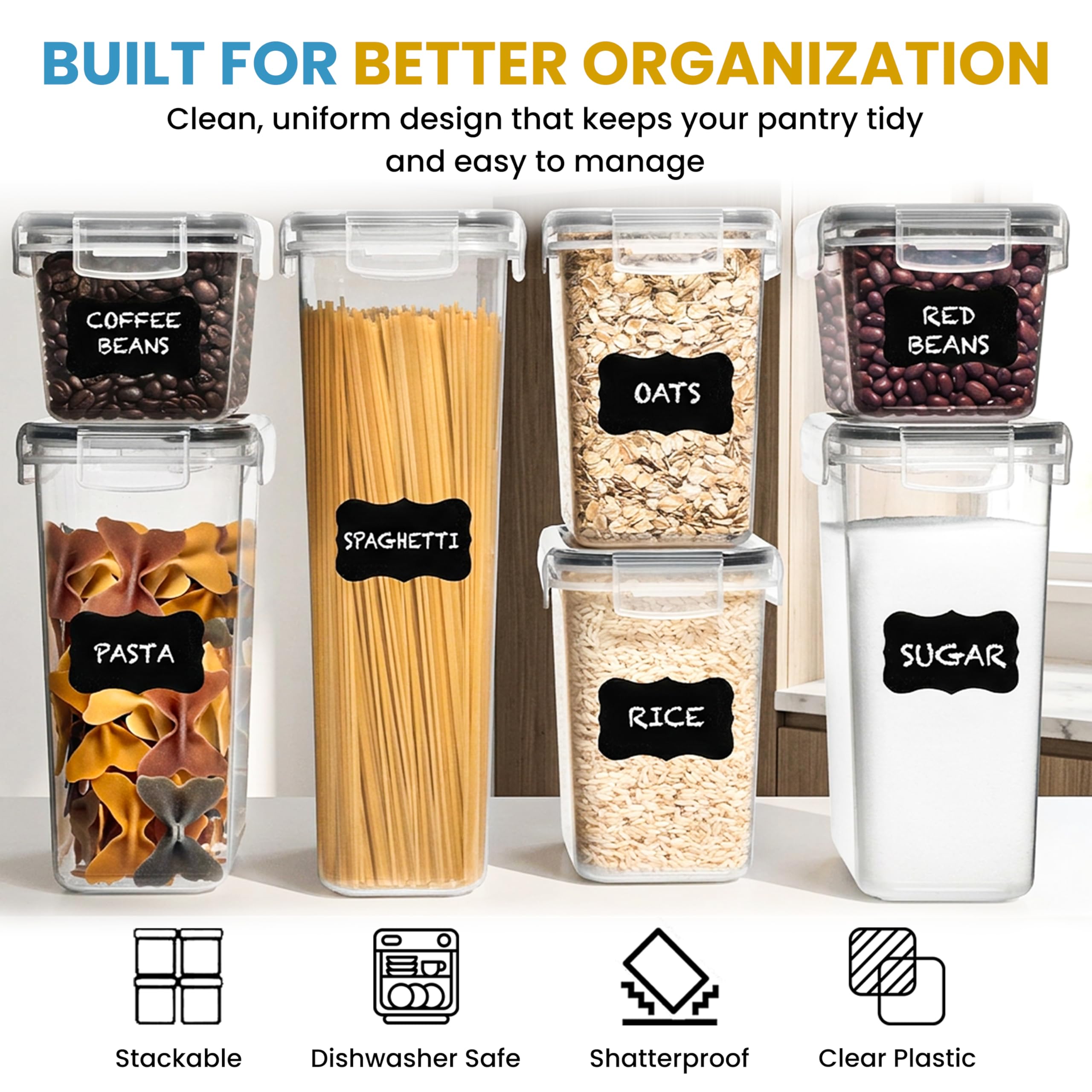 Shazo 7PC Food Storage Containers with Lids, Airtight Food Storage Containers Set for Pantry Organization, BPA Free Kitchen Canisters for Flour Sugar Pasta Cereal, Stackable Kitchen Storage Containers