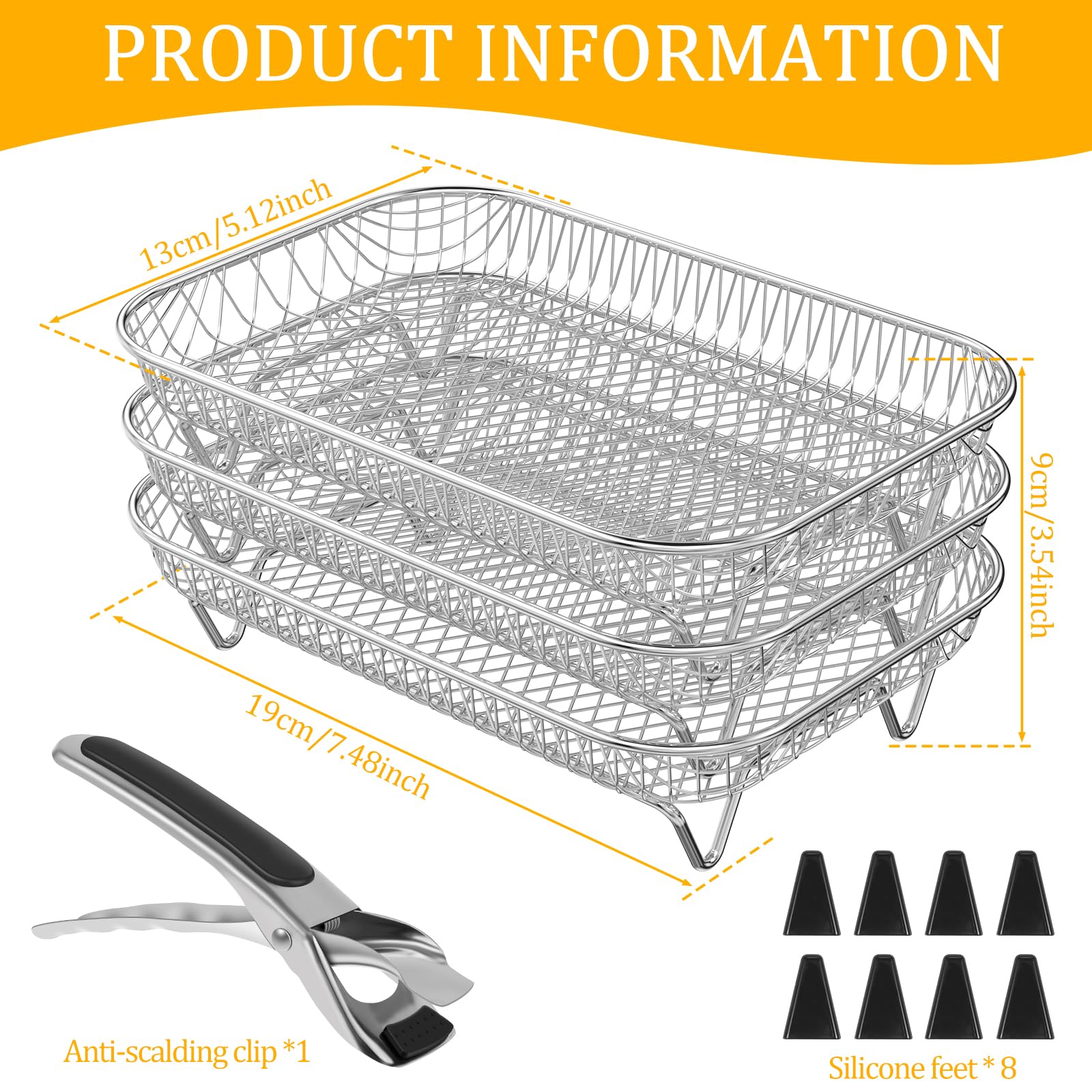 Abizarch Air Fryer Accessories Rack for Ninja Basket, 3 Layers, 304 Stainless Steel Stacking Bacon Racks for Ninja AF300UK, Salter/Instant/EMtronics Double Drawer, with Clip and 8 Silicone Feet