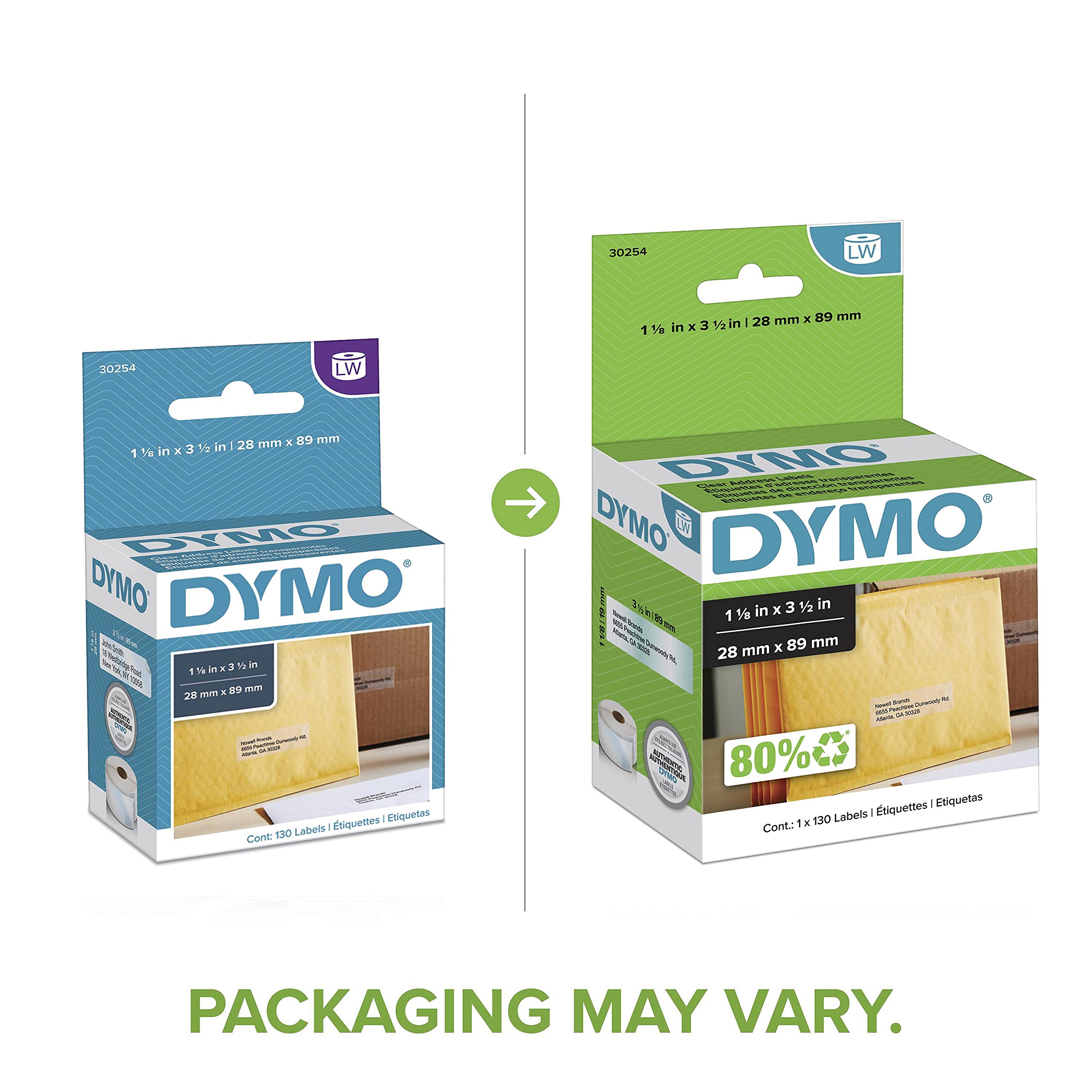 DYMO LabelWriter Address Labels, Clear, 1-1/8" x 3-1/2", 1 Roll/Box, 130 Labels/Roll (30254)