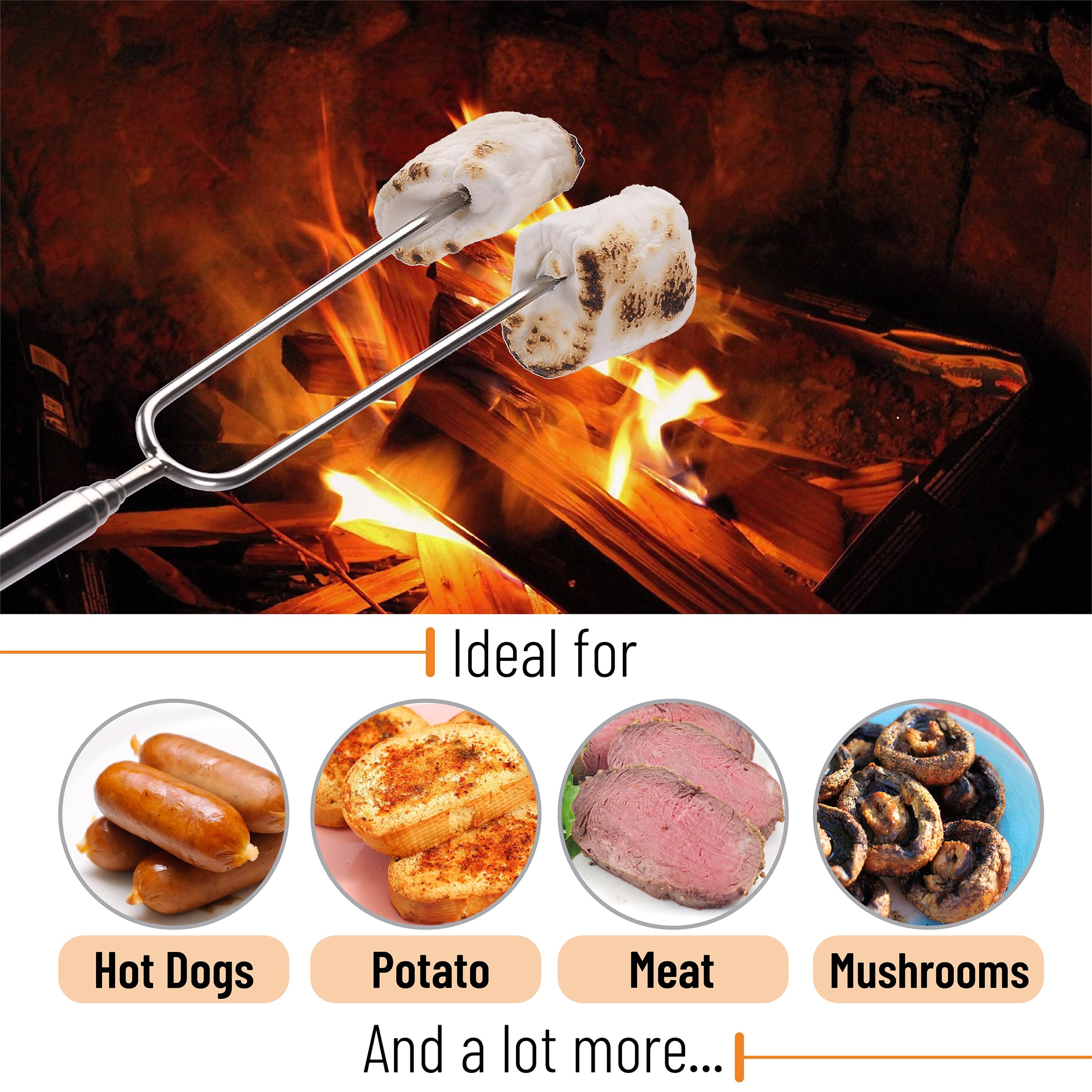 UNCO- Marshmallow Roasting Sticks, 10Pack, 45", Extendable Stainless Steel Smores Skewers for Campfire, Hot Dog Sticks for Fire Pit