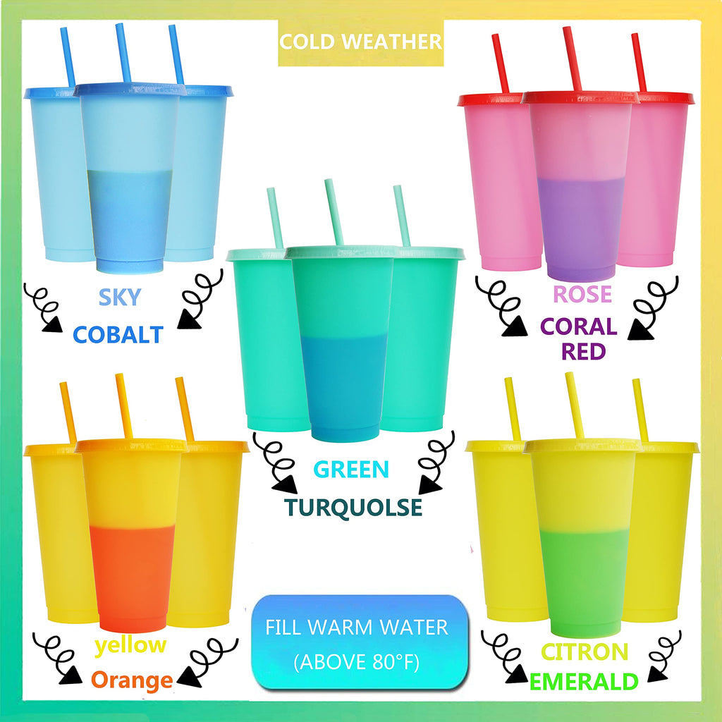 Alohastarttg Color Changing Cups, 5 Pack 24oz Plastic Tumblers, Reusable Iced Coffee & Smoothie Cups with Lids and Straws for Parties and Travel