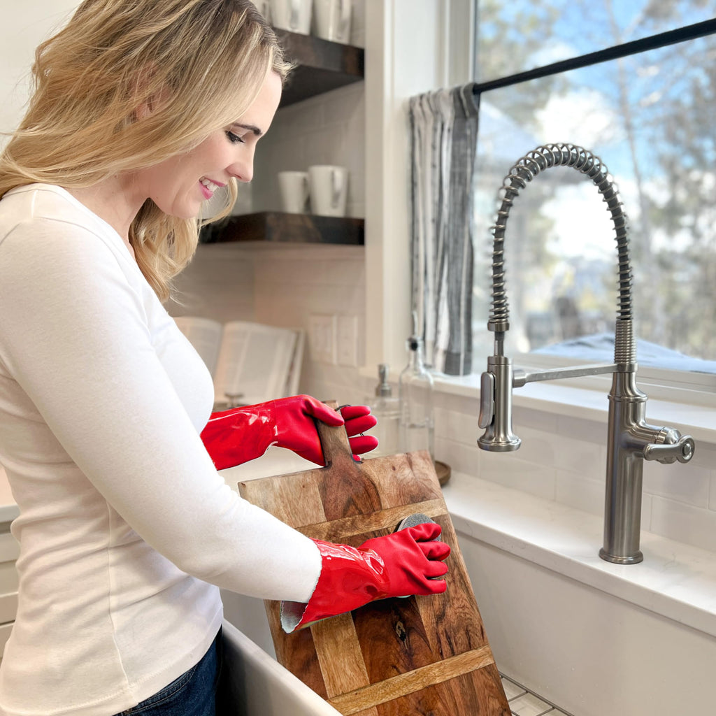 Kitchen-Star Ultimate Rubber Household PVC Gloves with Comfortable Cotton Lined, Anti-Slip surface, Kitchen Dishwashing, Extra Thickness, Kitchen Cleaning, Working, Painting, Pet Care (Size Medium, Red)