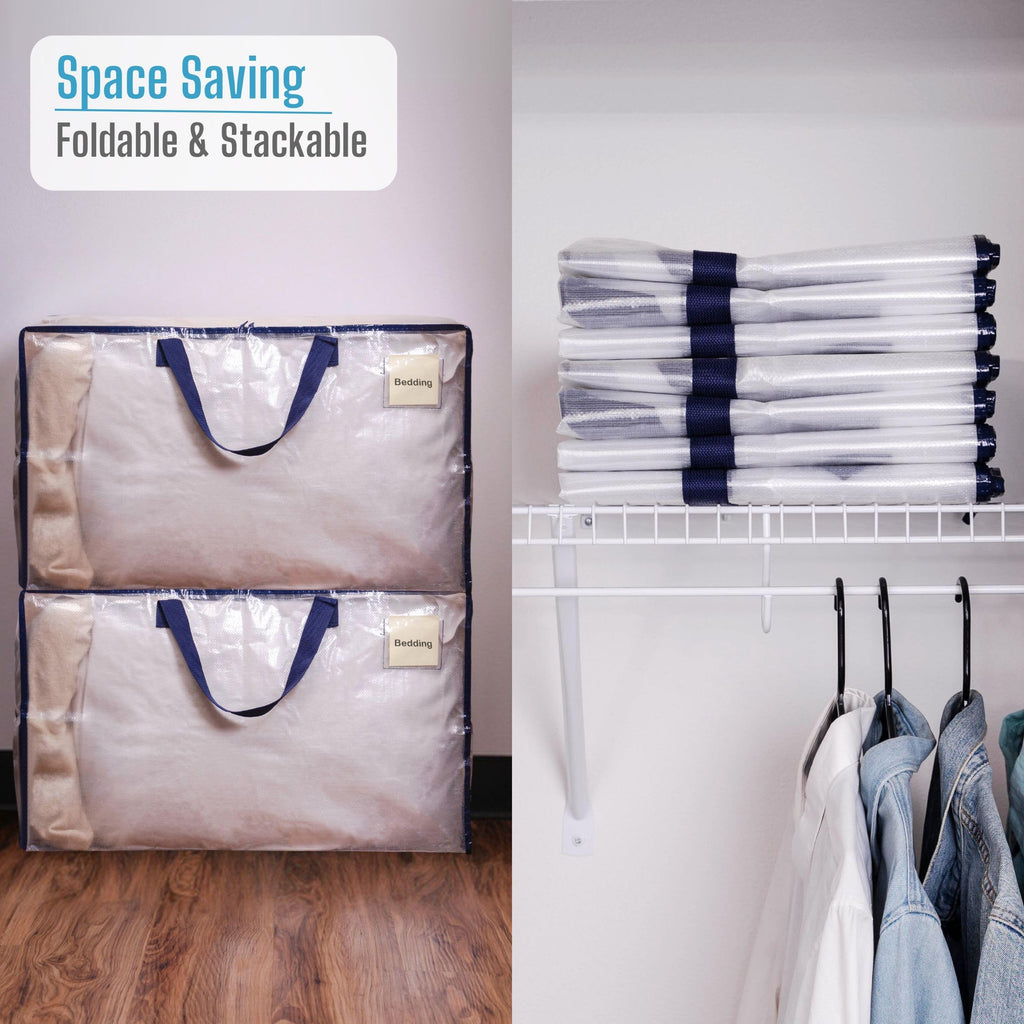 VENO Heavy Duty Extra Large Foldable Storage Bags with Zippers & Carrying Handles, Storage Containers Organizer Tote, Moving Boxes for College Dorm, Travel, Camping, Reusable (Clear, 4 Pack)