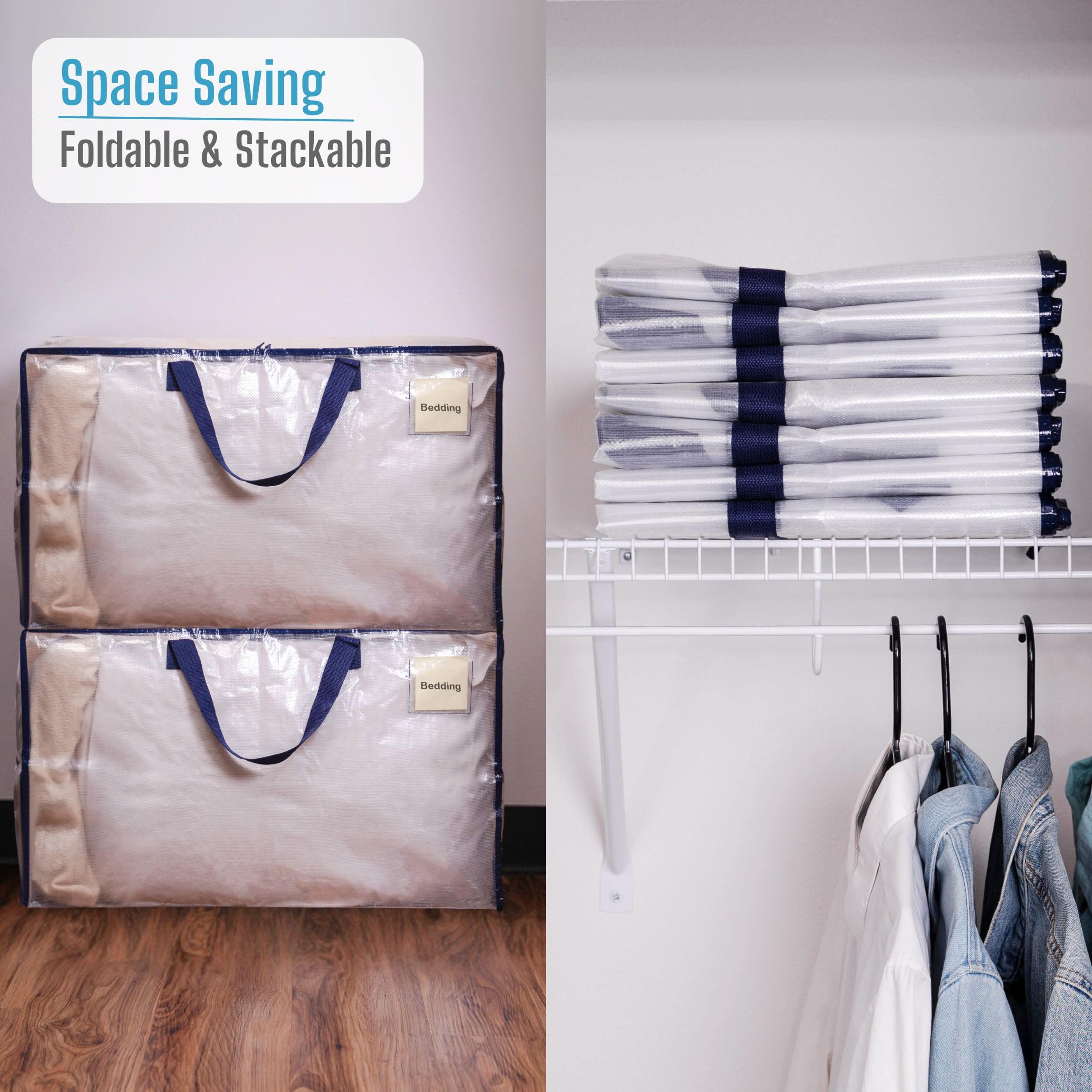 VENO Heavy Duty Extra Large Foldable Storage Bags with Zippers & Carrying Handles, Storage Containers Organizer Tote, Moving Boxes for College Dorm, Travel, Camping, Reusable (Clear, 4 Pack)