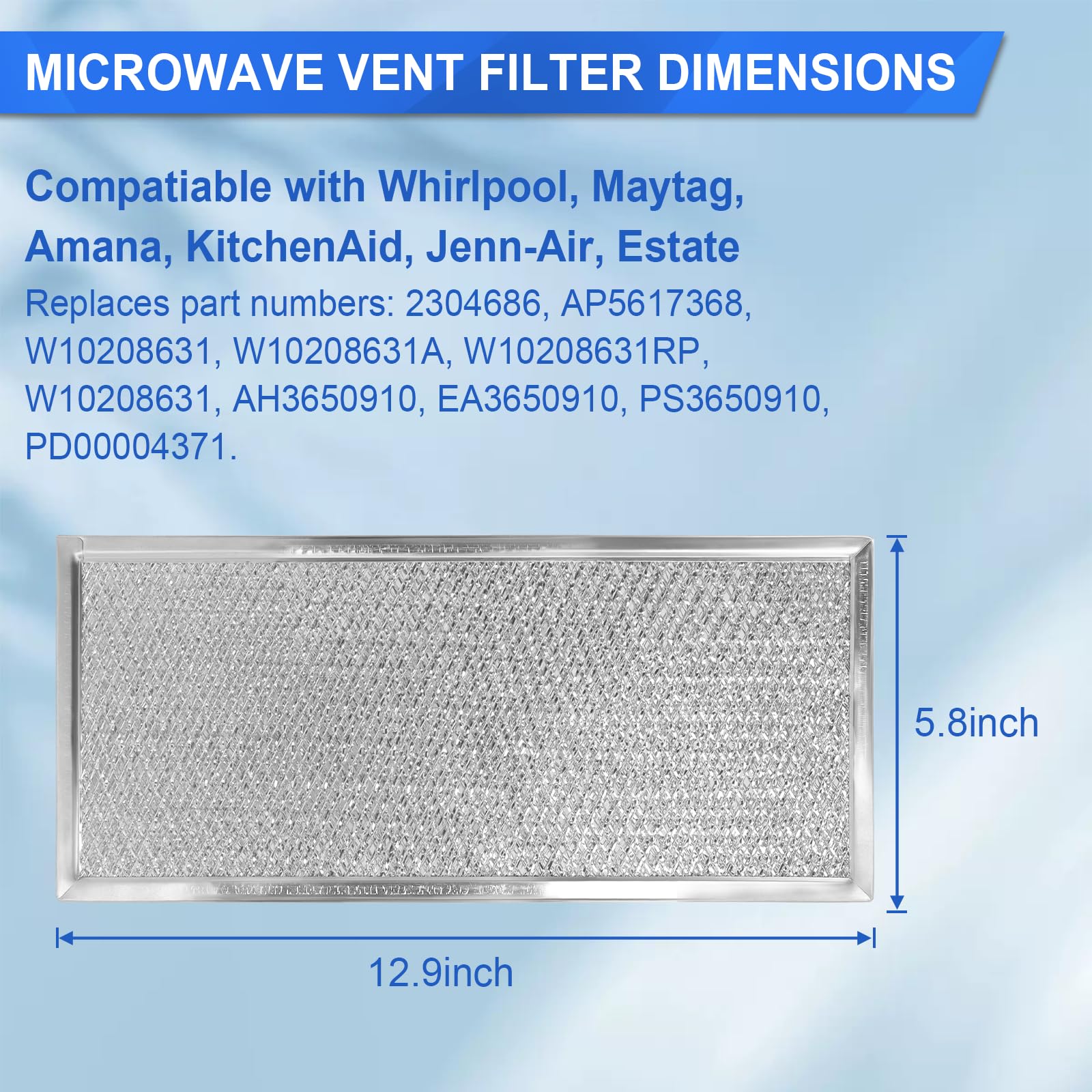 2 PACK W10208631A Microwave Grease Filter Replacement for Whirl-pool W10208631A 5.81 inch x 12.94 inch