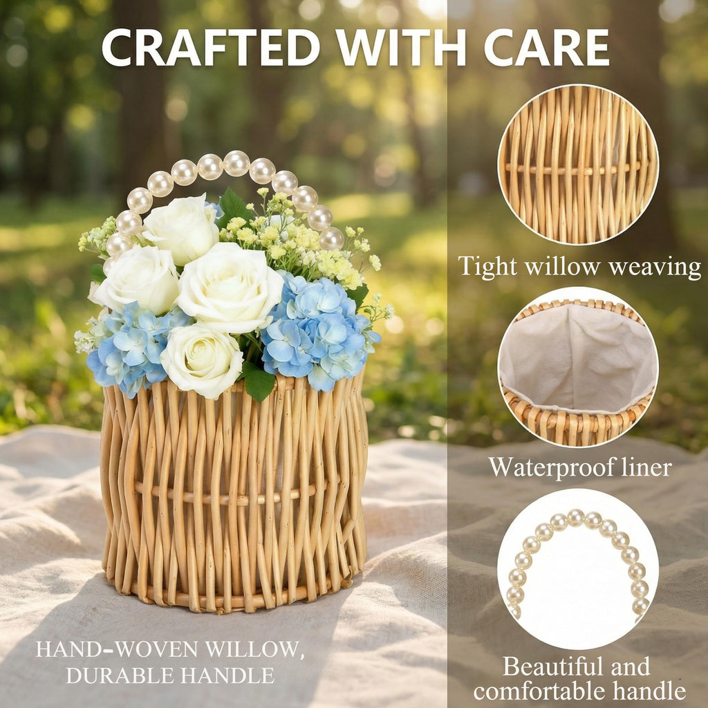 ZEAYEA 2 Pack Flower Girl Basket with Pearl Handle, Wedding Wicker Rattan Storage Basket, Boho Woven Small Flower Basket for Candy, Easter, Christmas, Home Decorations