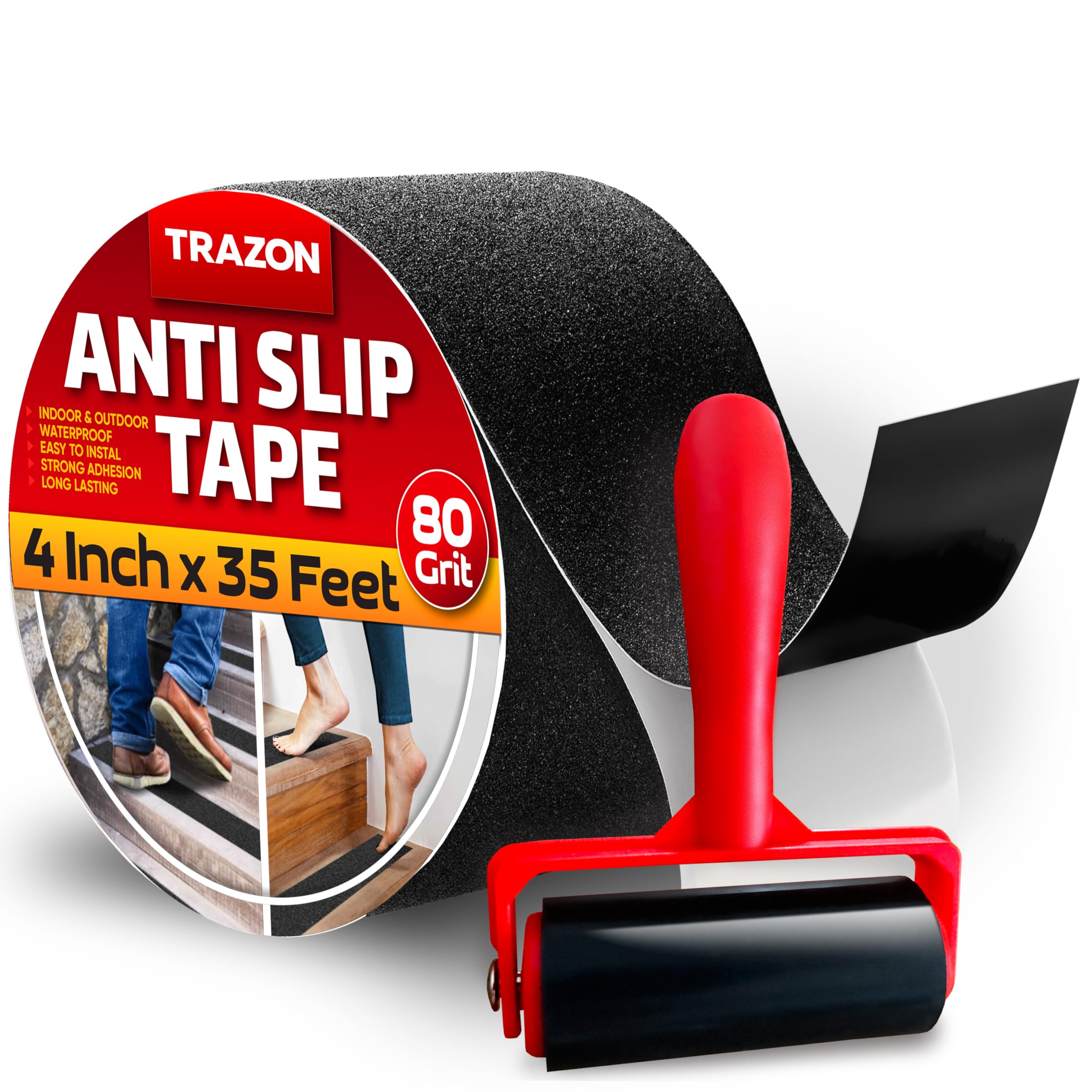 Grip Tape - Heavy Duty Anti Slip Tape for Stairs Outdoor/Indoor Waterproof Safety Non Skid Roll for Stair Steps Traction Tread Staircase Grips (Black, 4 Inch x 35 Feet)