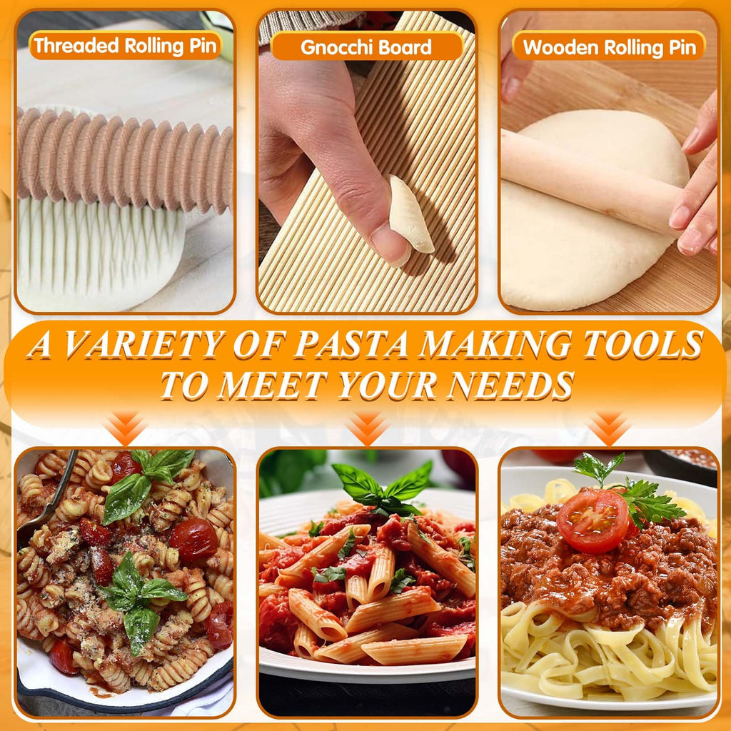 Pasta Making Tools, 9 PCS Wood Pasta Making Kit with 1 Pasta Drying Rack, 3 Rolling Pins, 1 Gnocchi Board, 1 Dough Cutter, 2 Ravioli Stamp Maker Cutter, 1 Ravioli Cutter, Ravioli Pasta Set for Kitchen